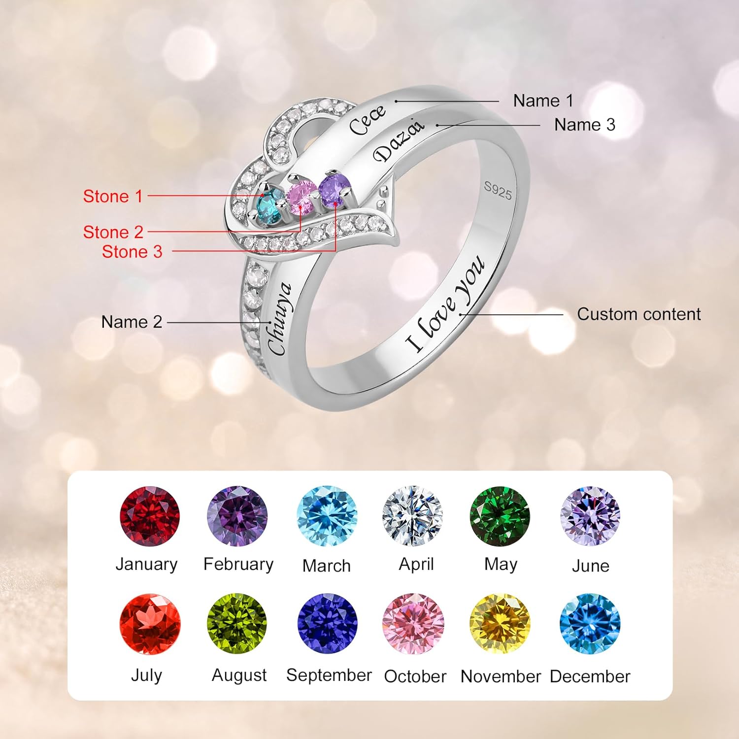 925 Sterling Silver Personalized Mothers Rings with 1-8 Birthstones Custom Family Ring for Women Customize Names Engraved Family Rings for Mothers Day - Image 4