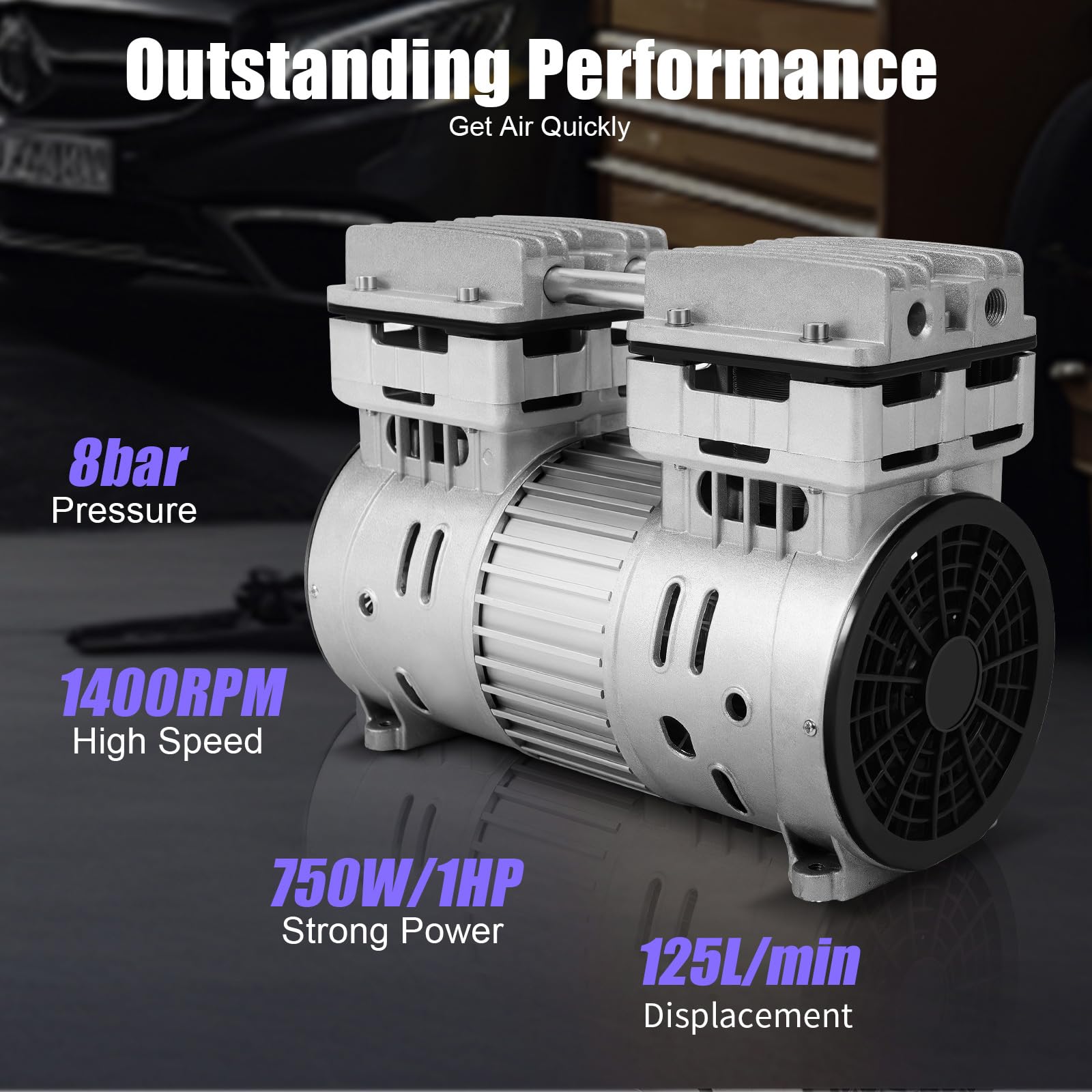 Compresor de aire sin aceite, 8 bares, motor de repuesto, 750 W, silencioso sin aceite, 1400 rpm, compresor de aluminio sin aceite, 125 l/min de descarga de aire comprimido, para taller y aplicaciones
