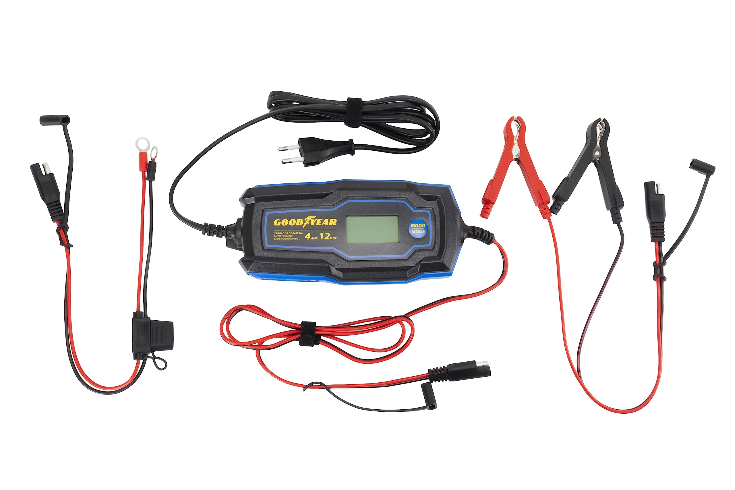 Goodyear Evo Chargeur de Batterie Intelligent 4.0 Amp avec Joint Torique 6-12V pour Les Batteries STD, AGM, Gel et LiFePO4. Capacité de 4-120Ah.