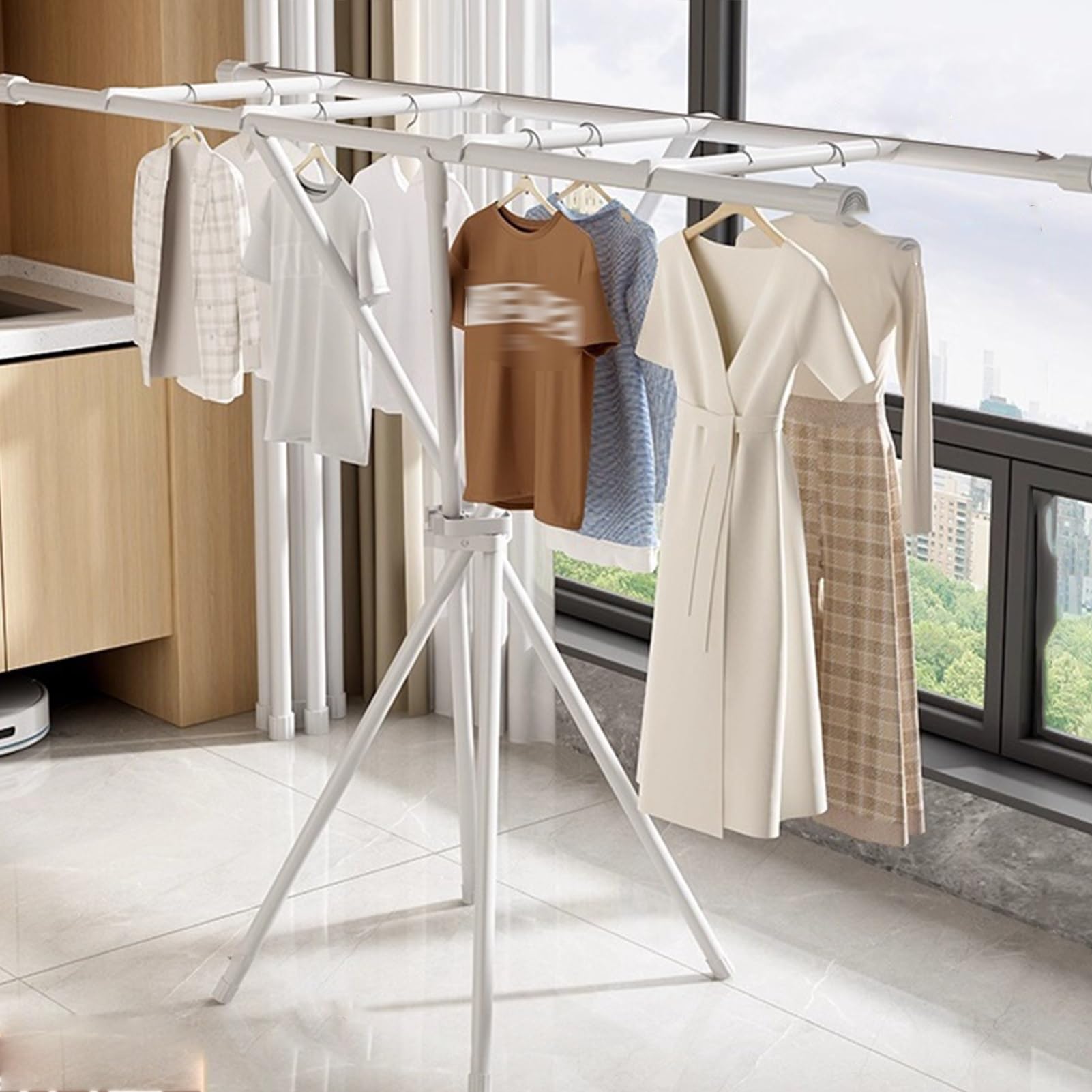Yaohy White Foldable Clothing Rack, Multifunctional Expandable Rack For Hanging Clothes, Space-Saving Clothes Rack For Balcony Indoor Laundry Drying(,Four Crossbeams)