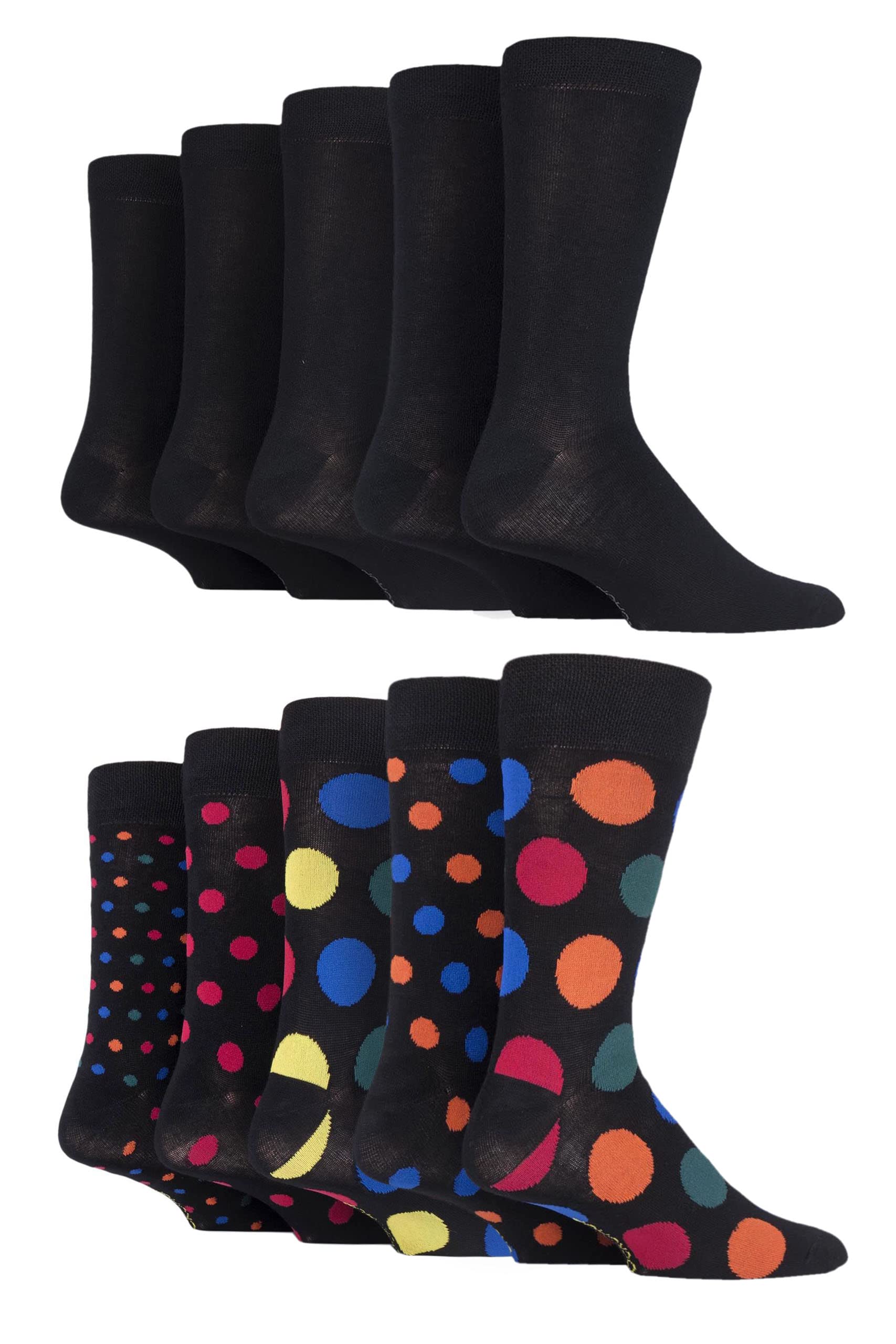 Sockshop Men's Black Plain / Black Jewel Dots Plain, Striped And Patterned Bamboo Socks Pack Of 10 Black Plain/Black Jewel Dots 7-11