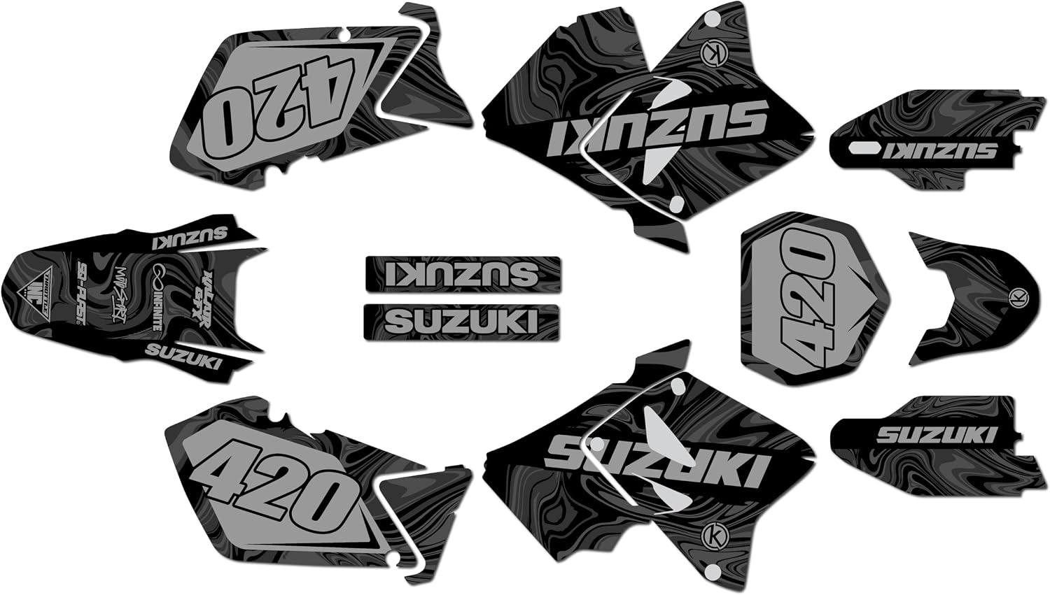 Graphics Kit for Suzuki RM125 and RM250 2001-2012 SNAGGED Series White 9 Mil - Easy Go - Dirt Pit Bike Motorcycle Sticker, Dirtbike Racing Decal no-Plastics