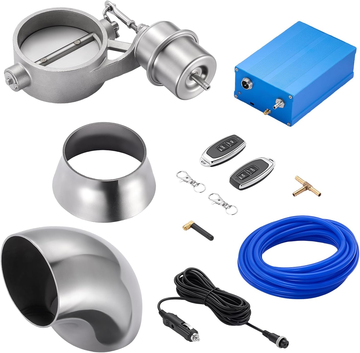 SPELAB Exhaust Cutout 2.5 Inch Universal Kit with Vacuum Pump, Bent Pipe, Cigarette Lighter Plug, Stainless Steel Exhaust Valve