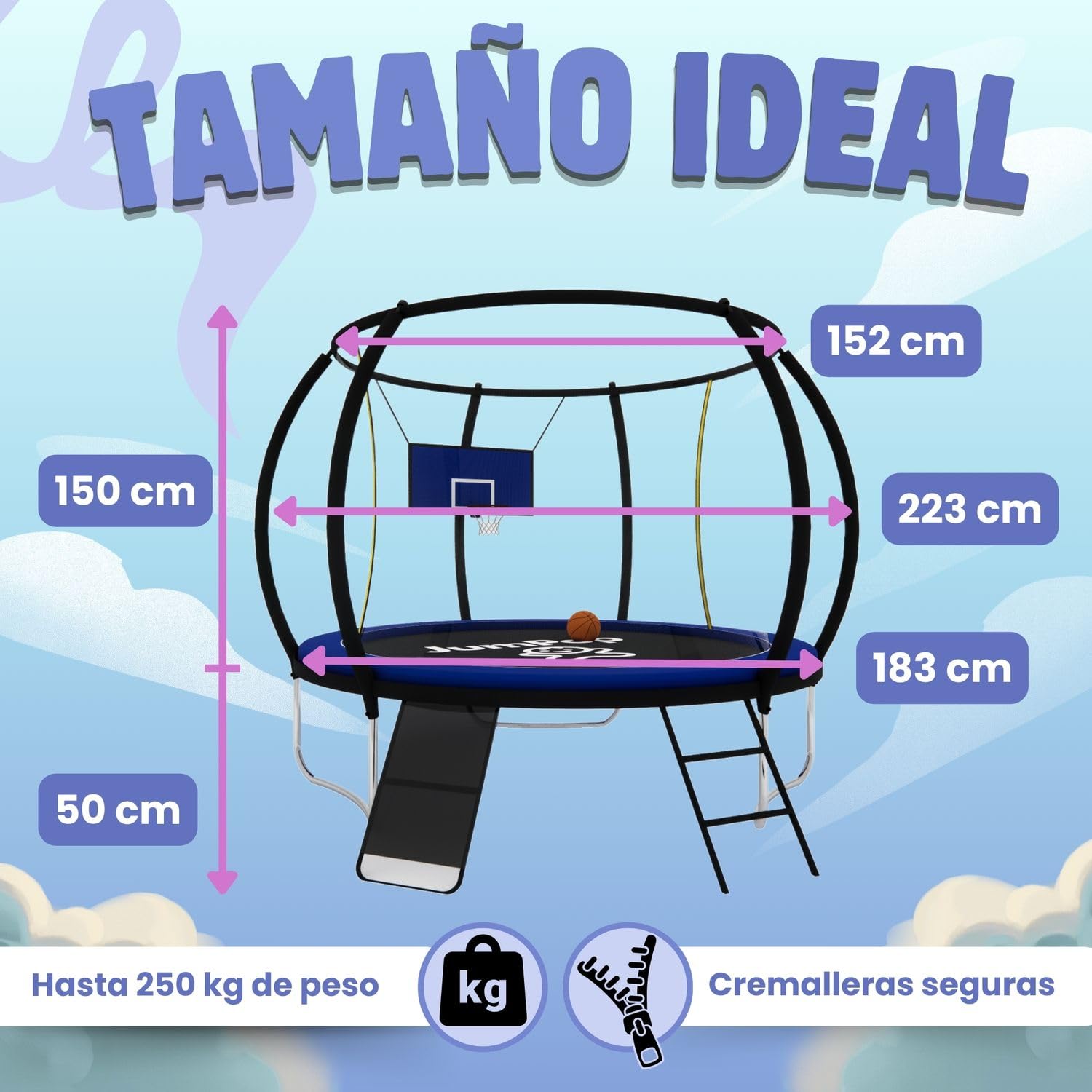 JumPop® Trampolines para Niños en 183/244/305cm con Tobogán de Regalo + Canasta y Pelota de Basket | Camas Elásticas para Niños Exteriores con Vídeo QR incluído de Montaje