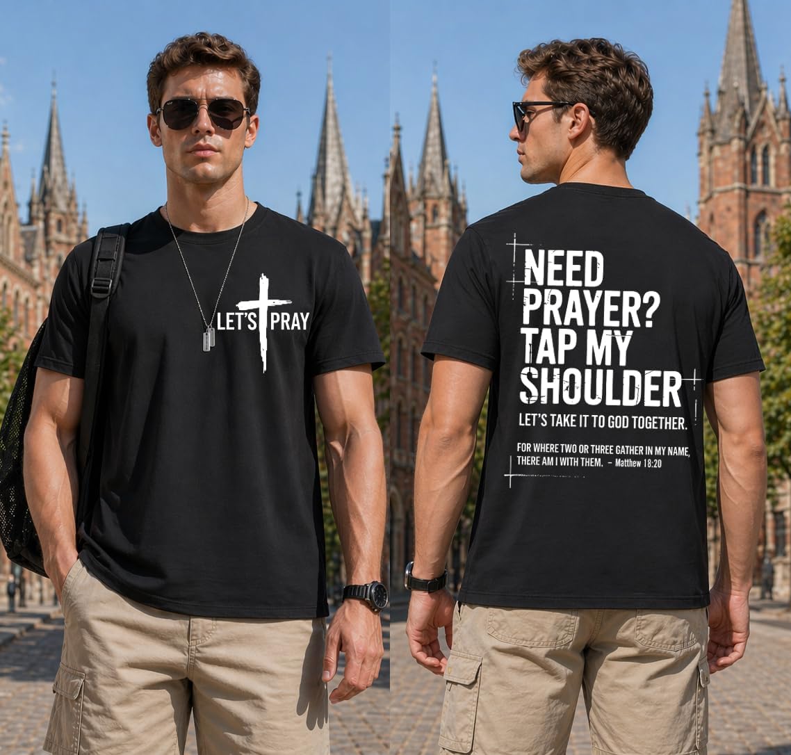 Christian Shirts for Men Need Prayer Tap My Shoulder T-Shirt Cross Faith | Christian Cross Faith Religious Jesus Tshirts Women