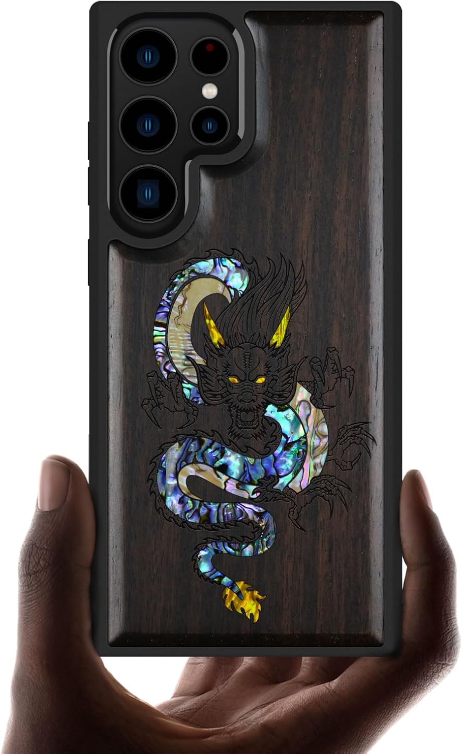 Carveit Designer Wooden Case for Samsung Galaxy S23 Ultra Cover [Wood Engraving & Shell Inlay] Compatible with Wireless Chargers S23 Ultra Case (an Owl Perched on a Branch-Rosy)