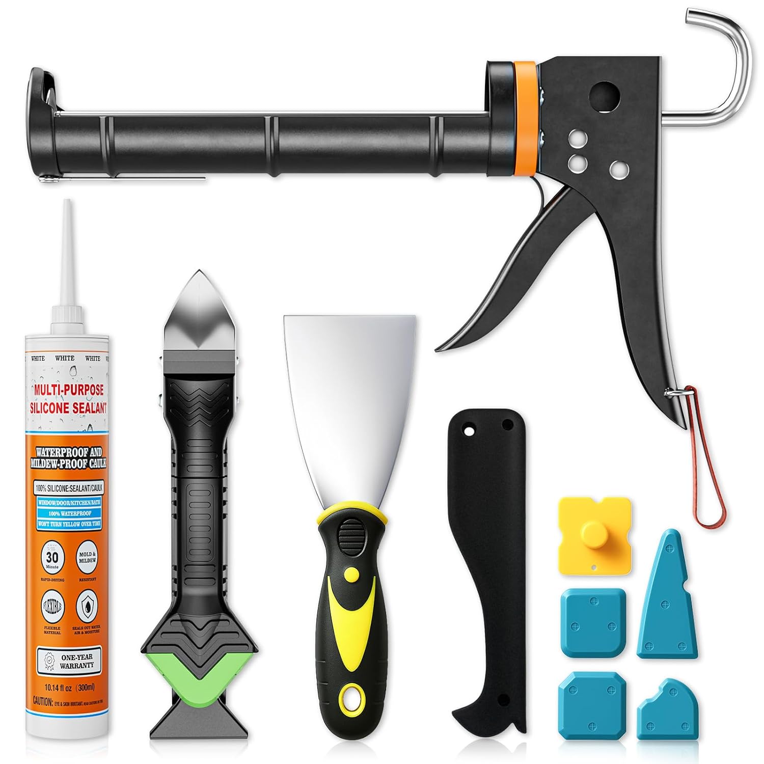 Goopreen 5-in-1 Professional Caulk Gun Kit with Silicone Sealant & Remover - Bathroom Kitchen Caulking Tool Set