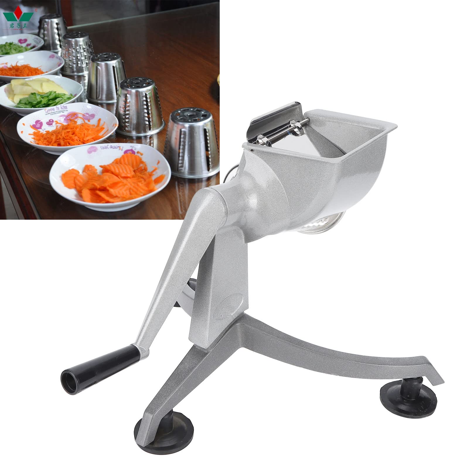AMONIDA Rallador de Queso Giratorio de 5 Cuchillas Picador de Verduras con Manivela con Mango y Tambores de Acero Inoxidable Base de Succión Antideslizante Picador de Alimentos de