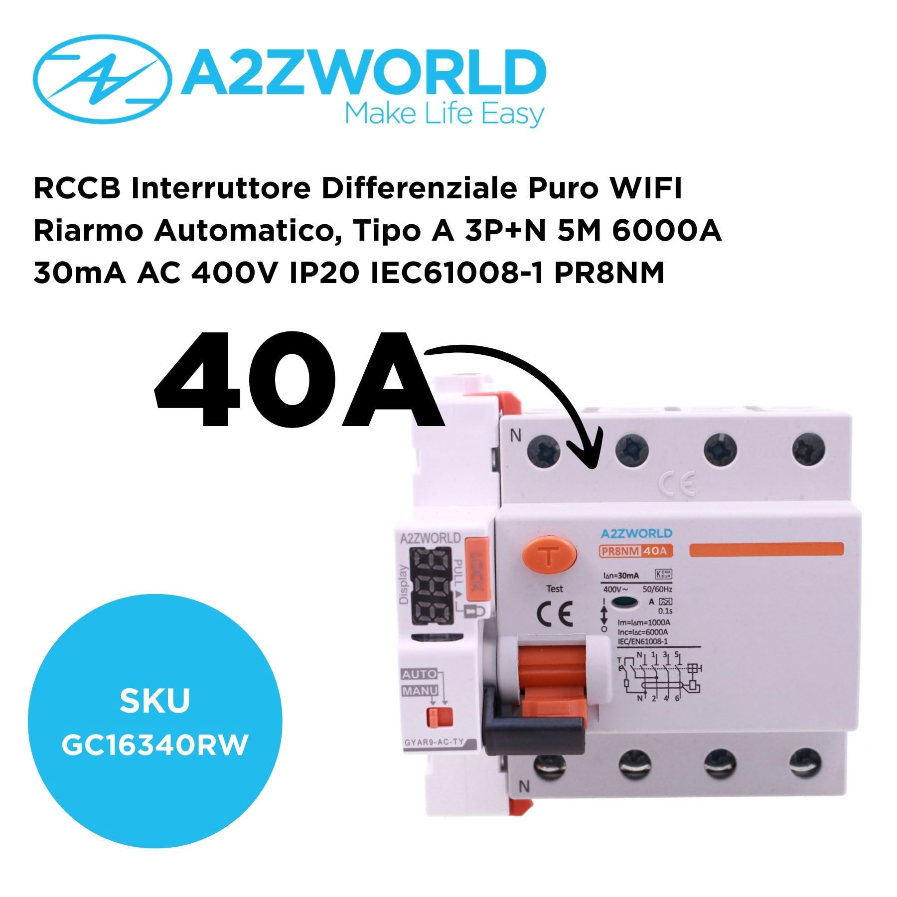 Interruttore Differenziale Puro WIFI Con Riarmo Automatico Trifase, Salvavita Tipo A Tipo A 30mA / 0,03A 40A, APP Tuya Smart Life, RCCB 3P+N 6kA 380V, 5 Moduli DIN, Controllo Remote e Manuale
