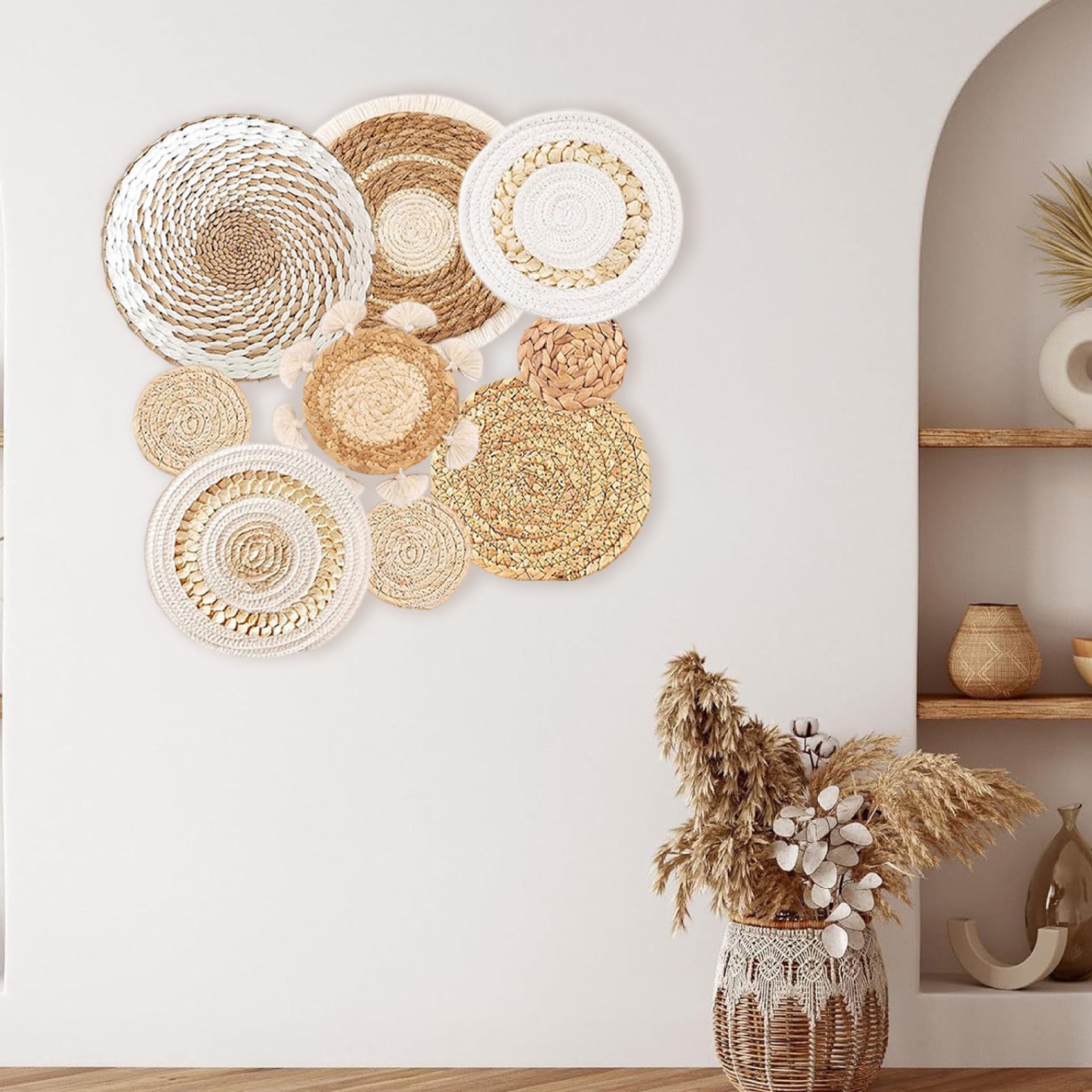 9 piezas decoración de pared boho, decoración de la pared de cocina tejida colgante, boho macrame pared colgando rústico redondo redondo plano marina marina de mimbre de mimbre para la sala de e