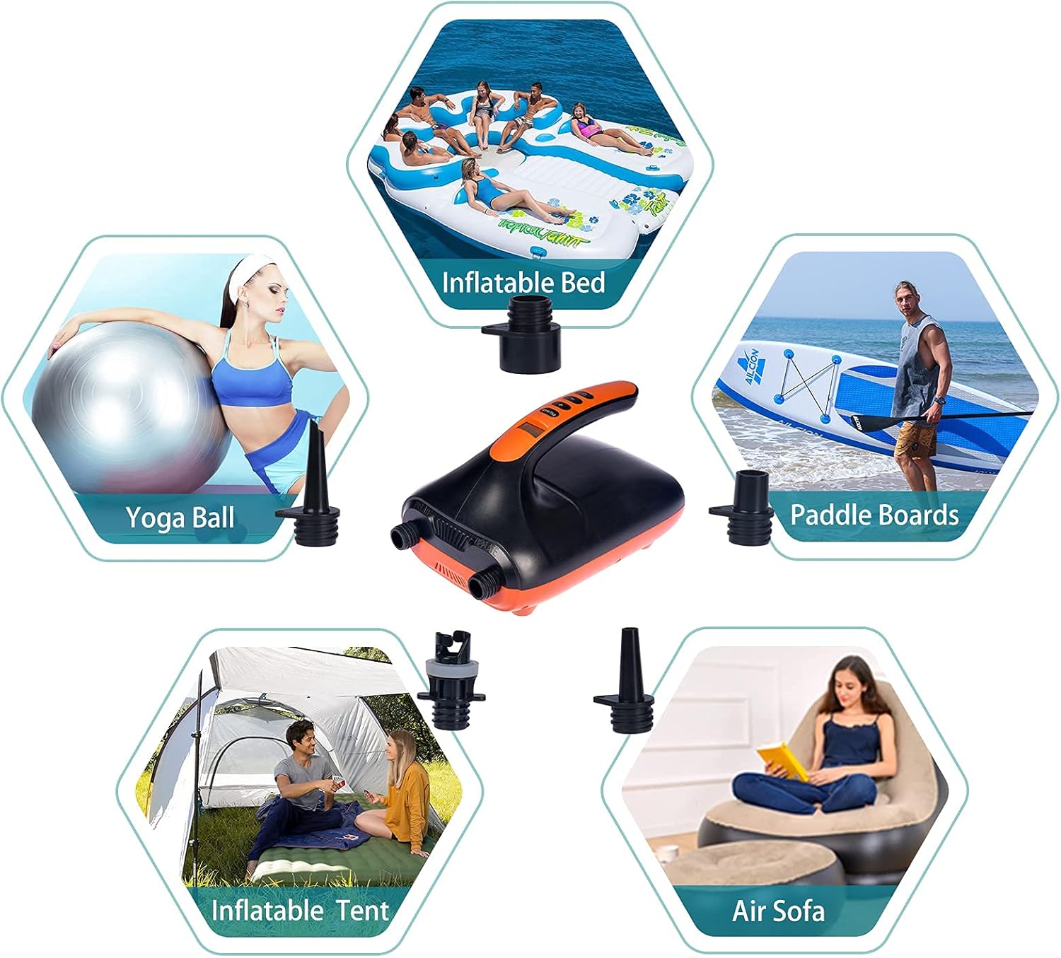 Electric SUP Air Pump of 20PSI High Pressure with 6 Nozzles, 12V DC Car Connector and Portable Boat Accessories for Inflation and Deflation of Stand Up Paddle Board Ball Basketball Socce Mattress : Sports & Outdoors