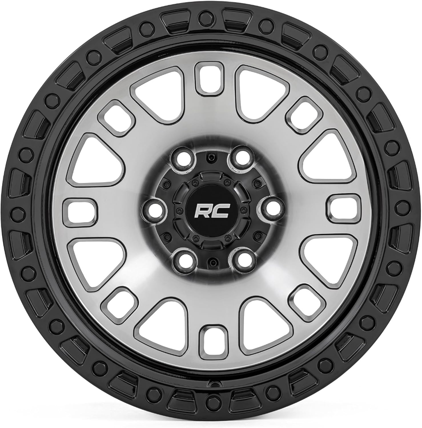 Rough Country 82 Series Off-Road Wheel - 17x9, 5x4.5" Bolt Pattern, 12mm Offset, 8-Spoke One-Piece Aluminum with Machined Face & Semi-Gloss Black Lip