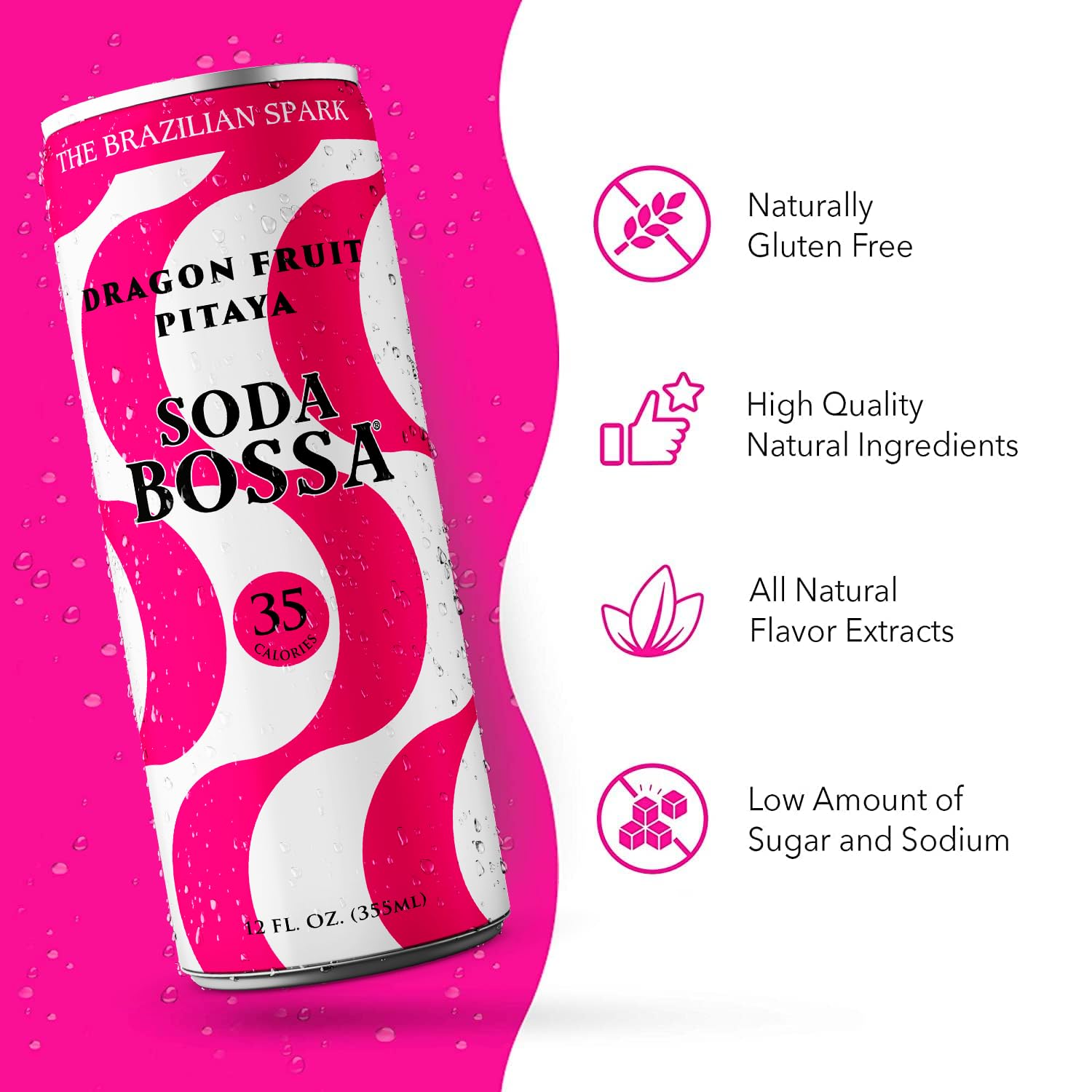Soda Bossa Sparkling Healthy Soda, Dragon Fruit, Low-Calorie, Gluten Free & Non-GMO, Guilt-Free & Hydrating Sparkling Soda Drink - Natural Soda - Craft Soda 8-12 FL OZ Cans/Box (Pack of 1 Box)