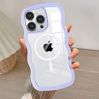 QLTYPRI Magnetic for iPhone 15 Pro Case Compatible with Magsafe, Cute Curly Wave Frame Clear Case for Girls Women,Transparent TPU Bumper Shockproof Protective Phone Cover for iPhone 15 Pro - Purple