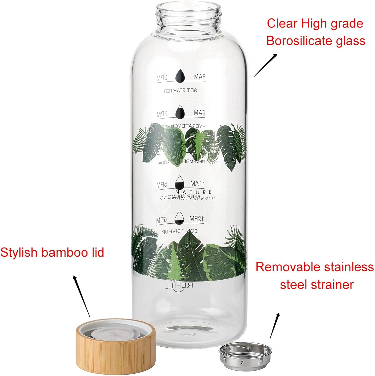 Glass Water Bottle 64 Oz with Time Markers, Wide Mouth Bamboo Lid, Neoprene Sleeve, Bpa Free, Leakproof, Reusable