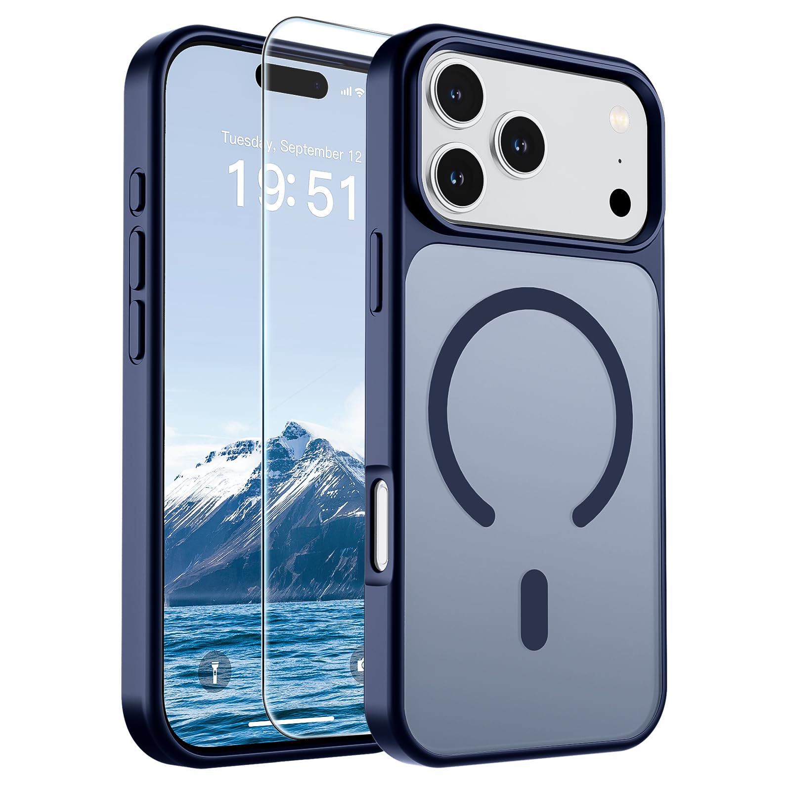 SUPFINE Magnetic for iPhone 17 Pro Max Case Navy Blue | With Screen Protector, Translucent Matte, Compatible with MagSafe, Military Grade Drop Proof, Rugged Shockproof Protective