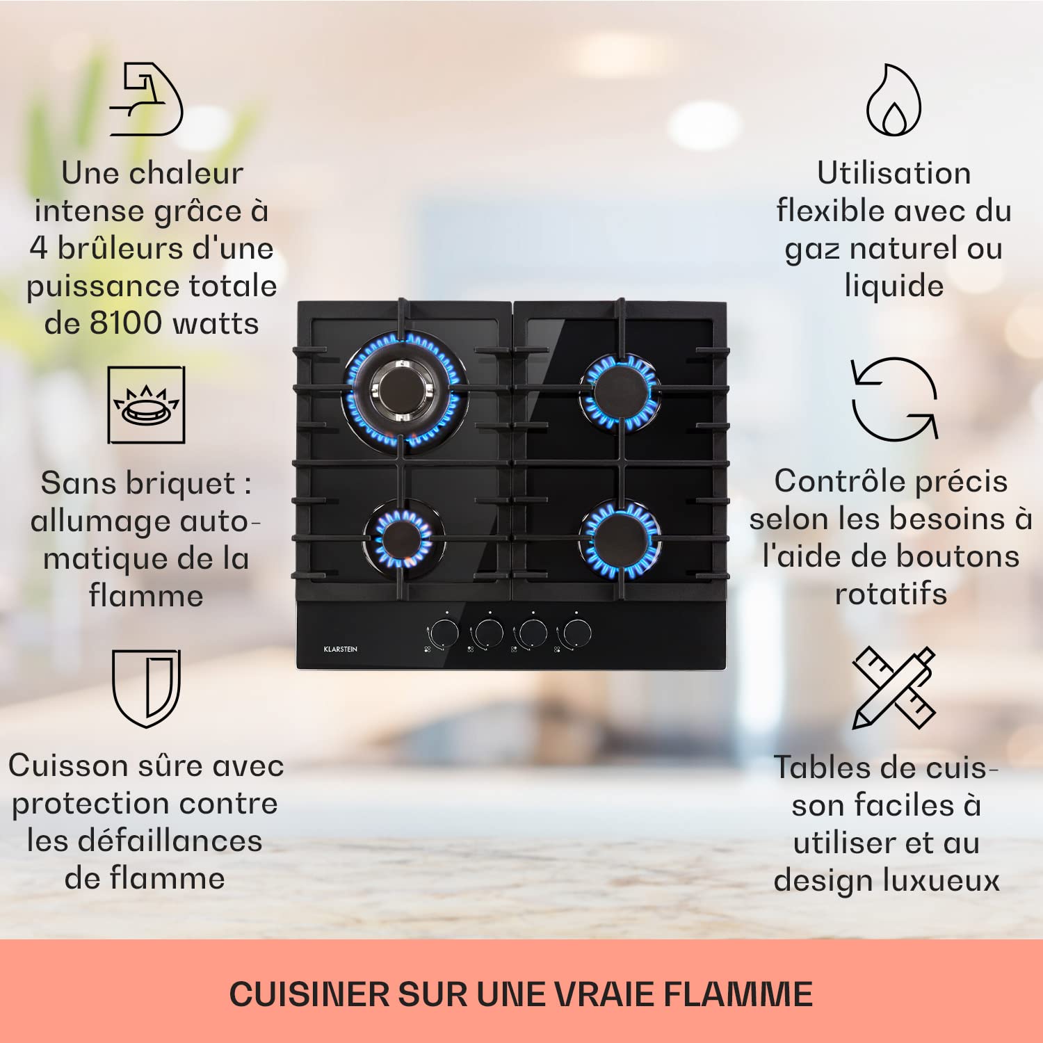 Klarstein Tables de Cuisson à Gaz, Plaque de Cuisson Gaz à 4 Brûleurs, Table de Encastrable à 4 Feux de 8100W, Cuisiniere Gaziniere avec Brûleurs en Acier Inoxydable, Cuisinières GP