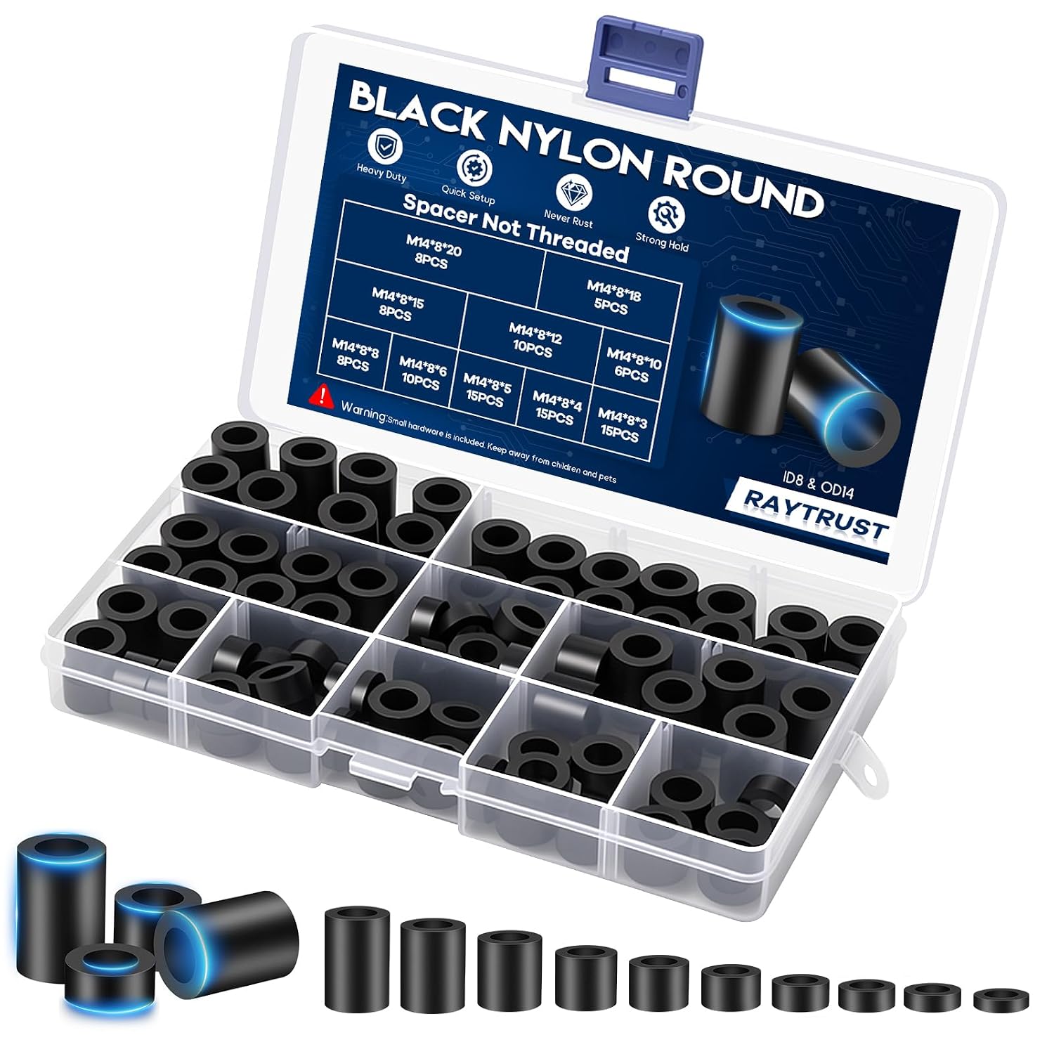 100Pcs M8 Plastic Spacers for Screws, Non-Threaded Plastic Round Spacer Assortment Kit, High-Strength Standoffs for Electrical Outlets, 3D Printers, ID 8mm OD 14mm, 3mm to 20mm Lengths,Black
