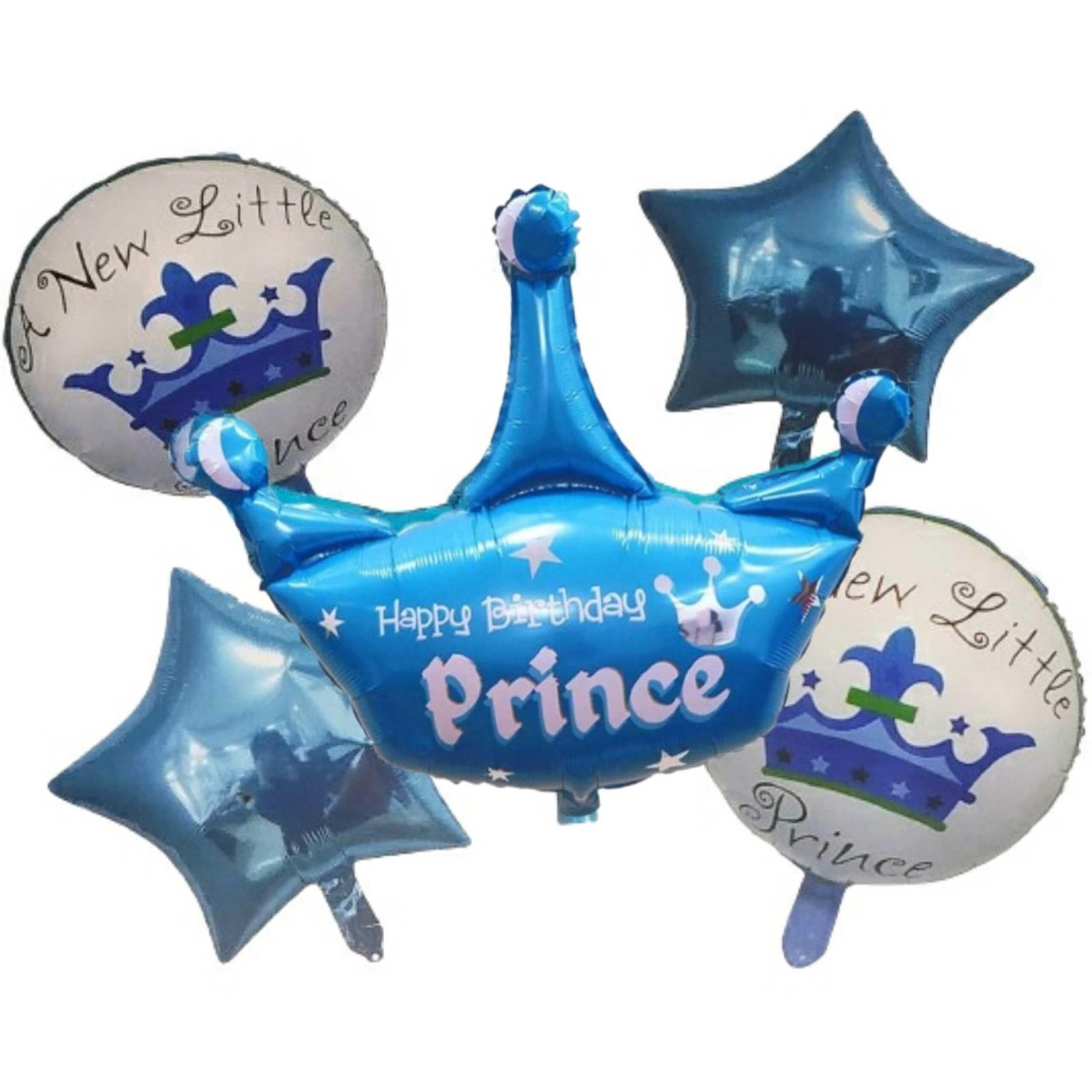 Fun Affairs Blue Prince Theme Birthday Decoration for Kids Balloon Bouquet Happy Birthday Party Crown Helium Foil Balloon Birthday Kids Item First Birthday Decoration - Pack of 5