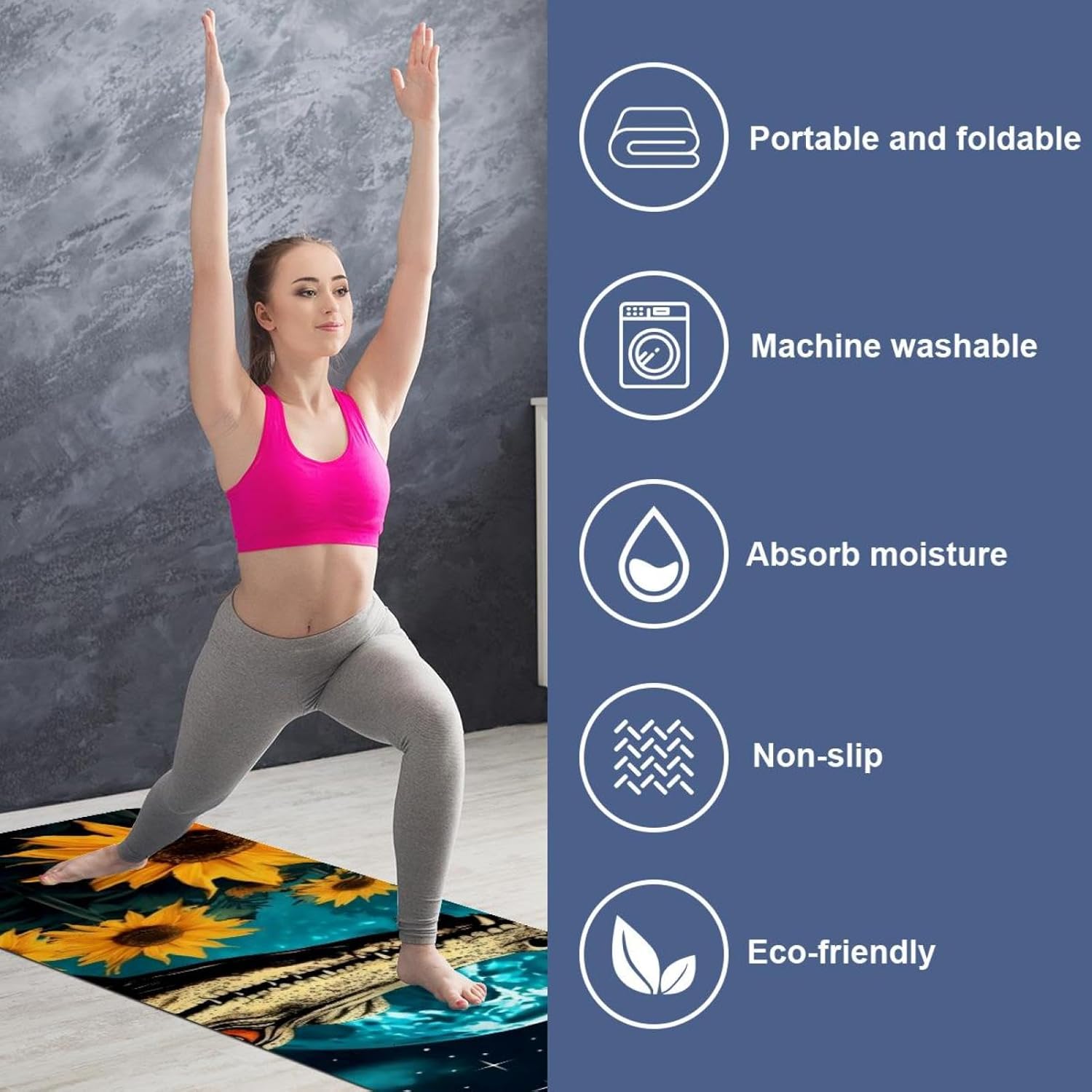 Yoga Towel, Crocodile Star Sunflower Non Slip Sweat Absorbent Hot Yoga Mat Towel for Hot Yoga, Pilates and Fitness - 72.8" x 26.8"