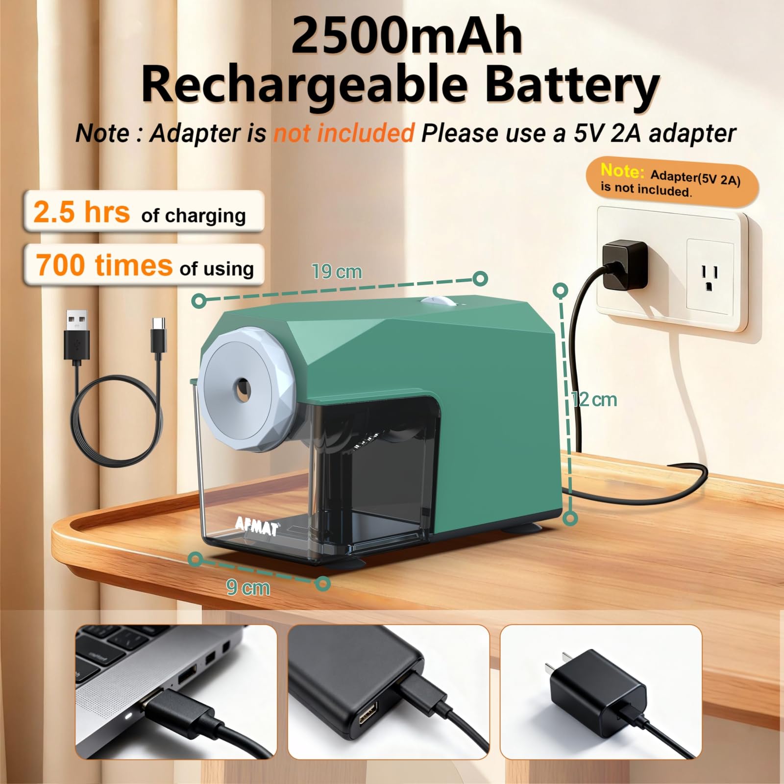 AFMAT Vollautomatischer Elektrischer Anspitzer mit Behälter, Wiederaufladbar, Schnell & Hands-Free, 5 Einstellungen, Hochleistungs Bleistiftspitzer für Jumbo/Buntstifte (φ6,5-10,5 mm), Grün PSC4
