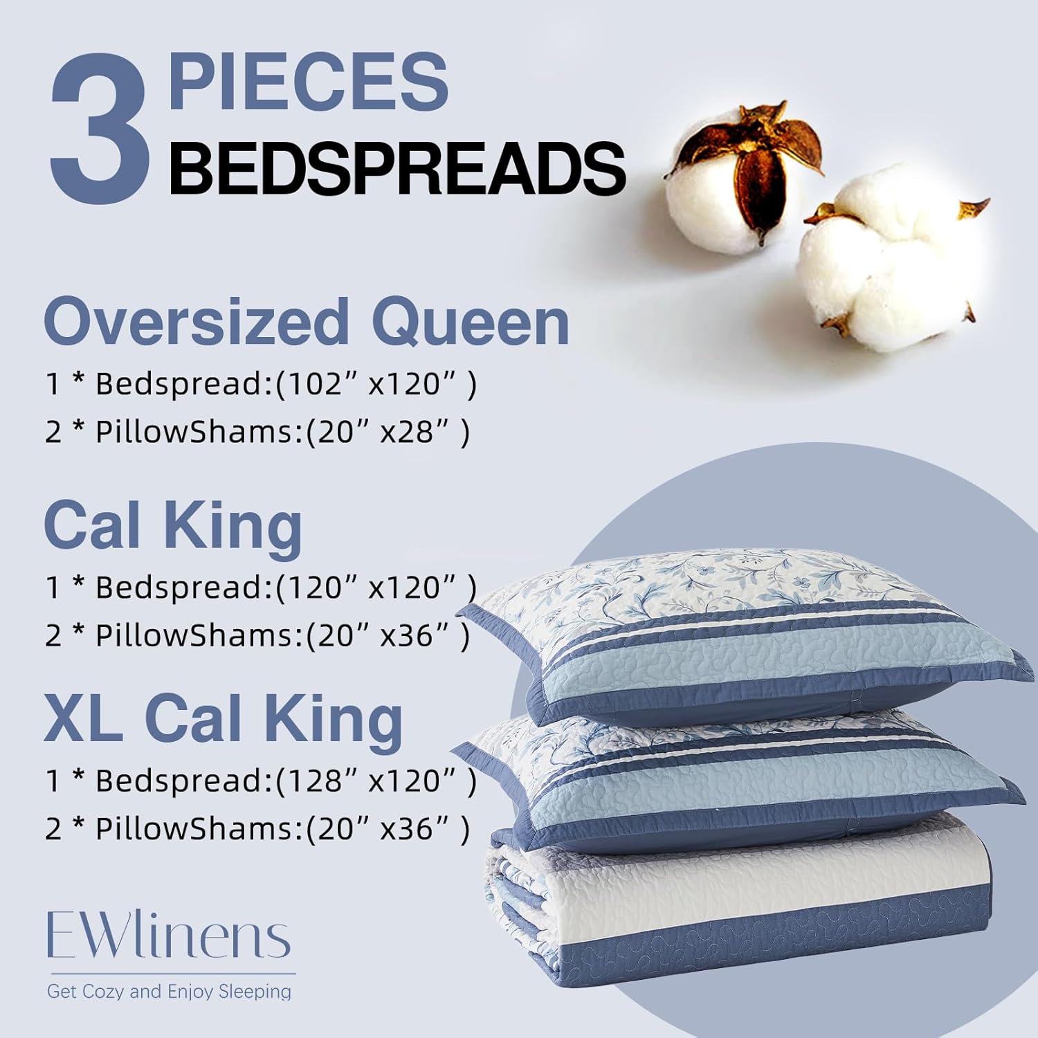 EWlinens Blue Striped Oversized Bedspreads Queen Size - 100% Cotton 102"x120" Oversized Queen Quilt Bedding Set, Farmhouse Floral Lightweight Comforter White Bed Spread for All Season, 3 Pieces