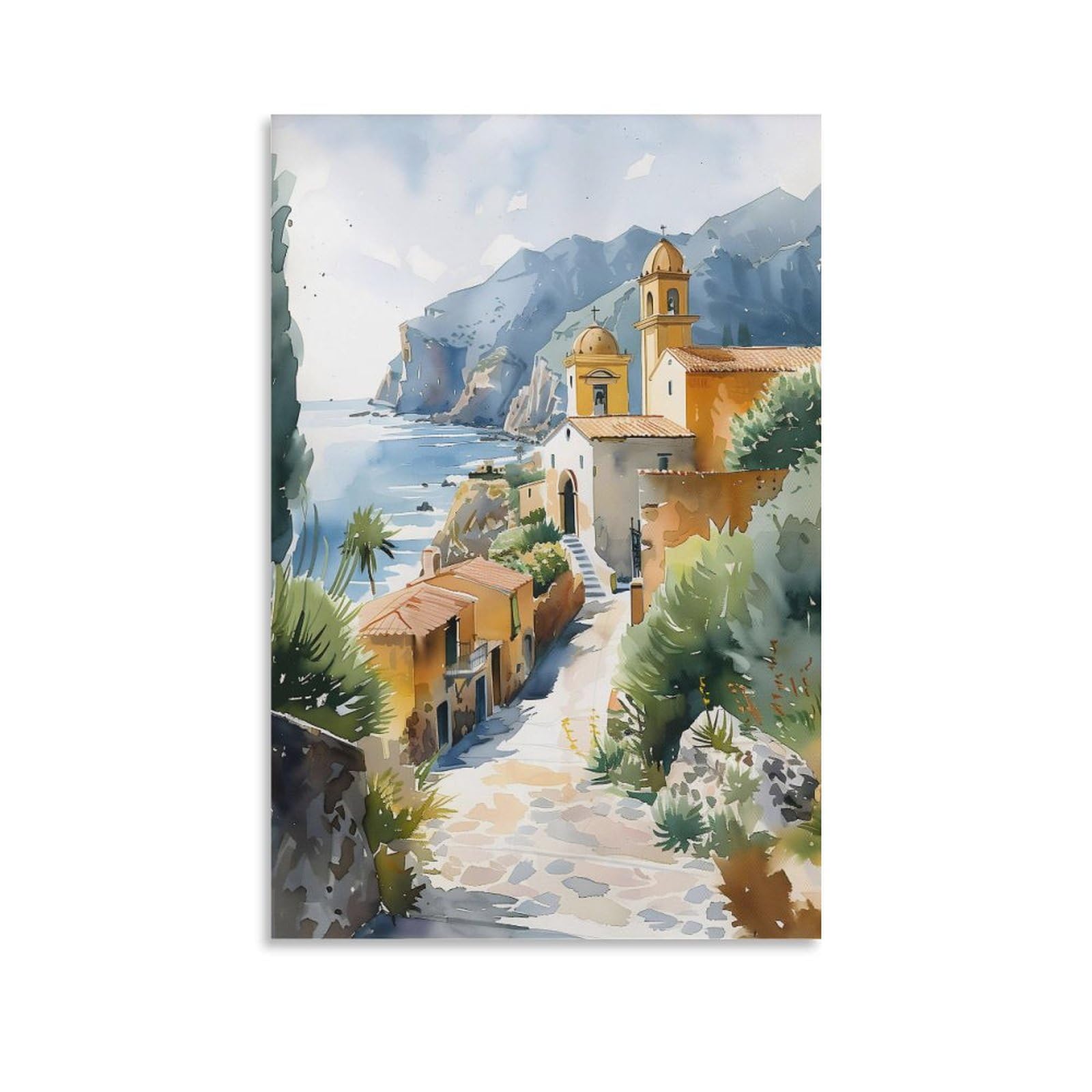 Aquarellgemälde Sizilien, Italien, Wandkunst, Reiseposter, Druck, gerahmt und ungerahmt, Kunstwerk, Wandkunst, Dekoration, ungerahmt, 50 x 75 cm