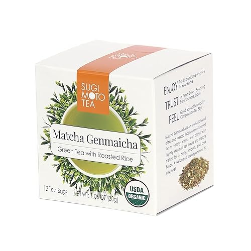 Sugimoto Tea - Genmaicha orgánica - auténtico té verde japonés - con arroz asado - antioxidantes, cafeína, L-teanina - 12 bolsas pirámide