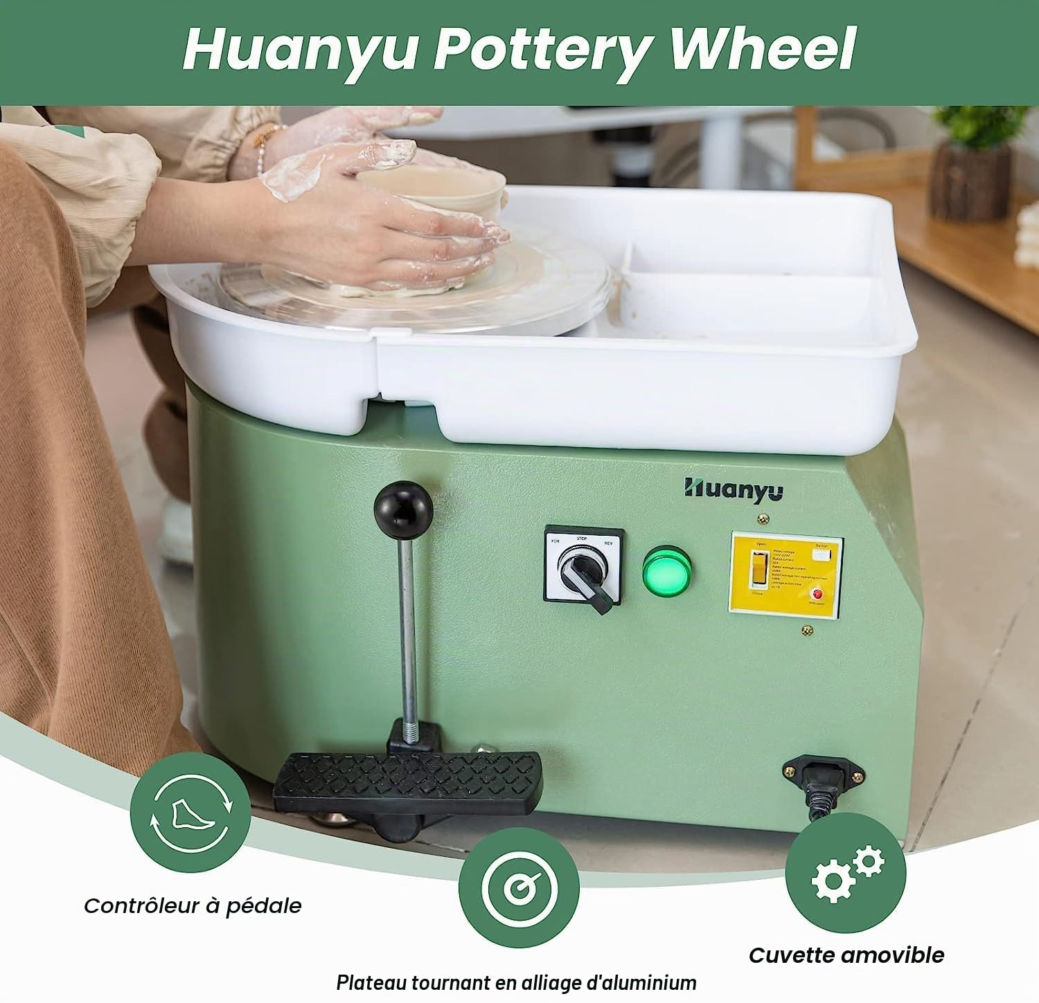Huanyu - Roue de poterie en céramique de 25 cm avec pédale, machine de poterie électrique avec bassin amovible pour studio de poterie/poterie à la maison/DIY/école de formation à la poterie Noël