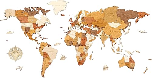 Miniatura 10 de Decoración de pared de mapa del mundo de madera, multicapa, madera teñida multicolor, nombres grabados, diseño 3D único, para cocina, oficina,
