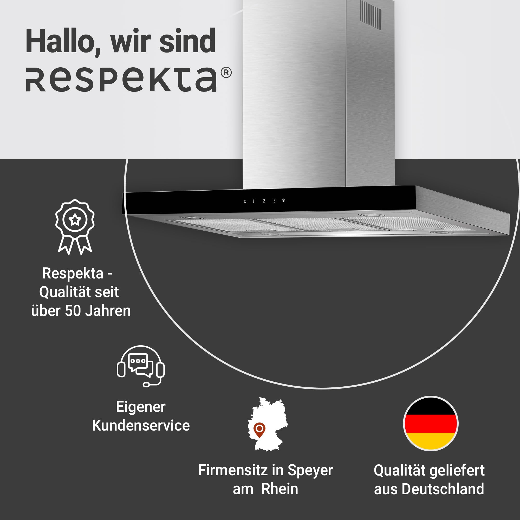 Respekta Dunstabzugshaube Inselhaube 90 cm Edelstahl Glasschirm Schwarz Abluft Umluft 58-73 dB