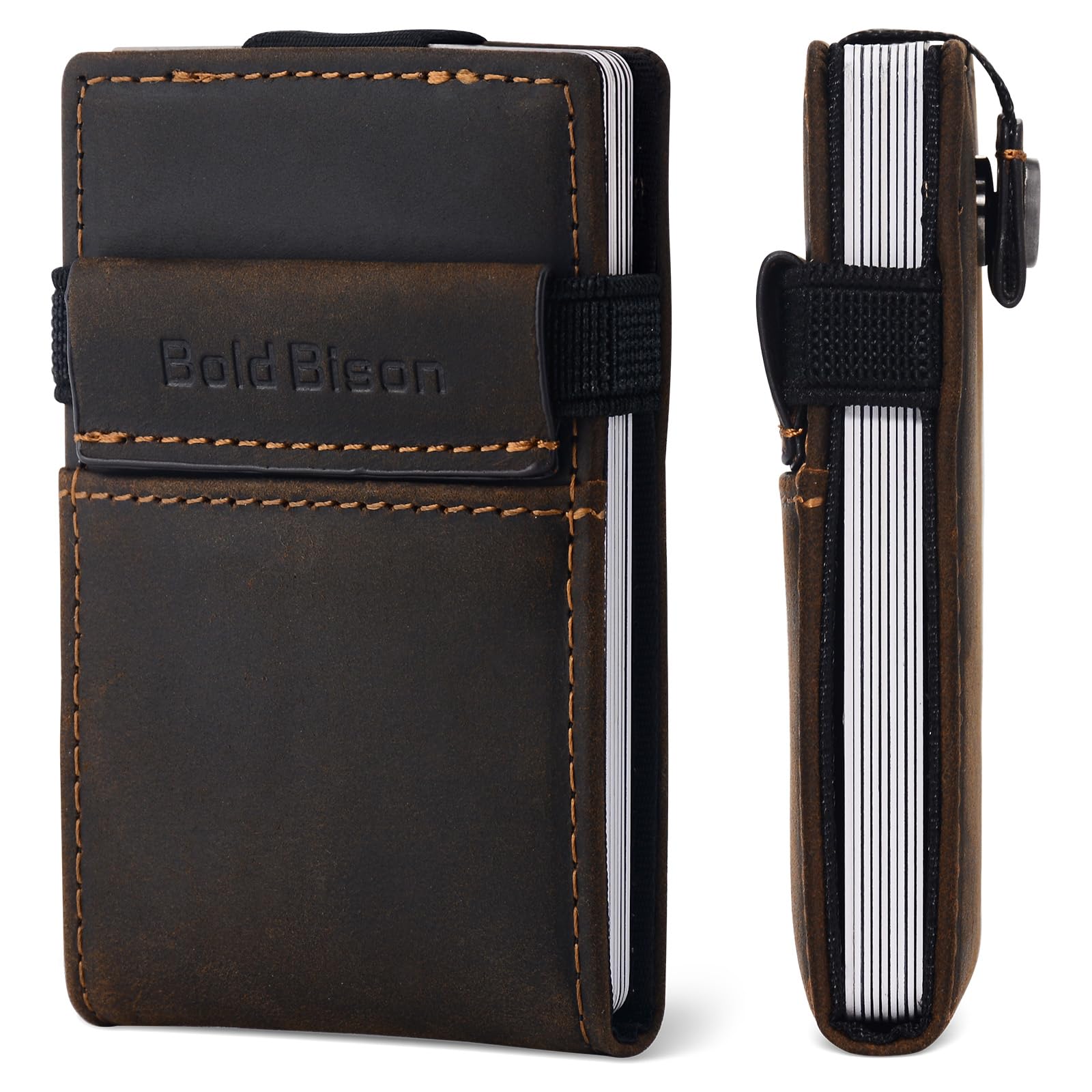 Bold Bison Air Tag Wallet for men with RFID Blocking & Full-Grain Leather, Slim Card Holder with Minimalist Design & Easy-Pull Card Removal, Holds 10+