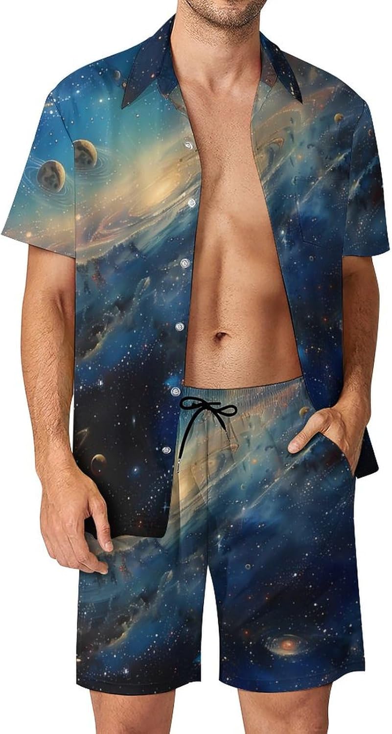 Spaces And Universe Men's Summer Beach Outfits Shirt And Shorts Set 2 Piece Vacation Swimwear