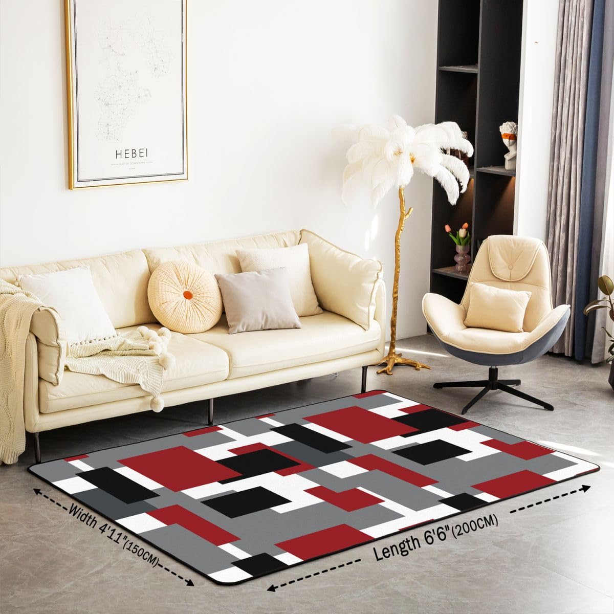 Loussiesd Tapis Salon 100x150cm Gris Rouge Tapis d’intérieur Noir Blanc Géométrique Reversible Antidérapant,Doux,Lavable Simple Art Modernee pour Salon Chambre Salle à Manger, Cuisine