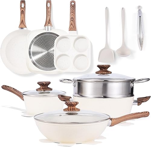 Sweetcrispy Juego de 17 ollas y sartenes antiadherentes, juego de cocina no tóxico con asas que se mantienen frescas, color blanco crema