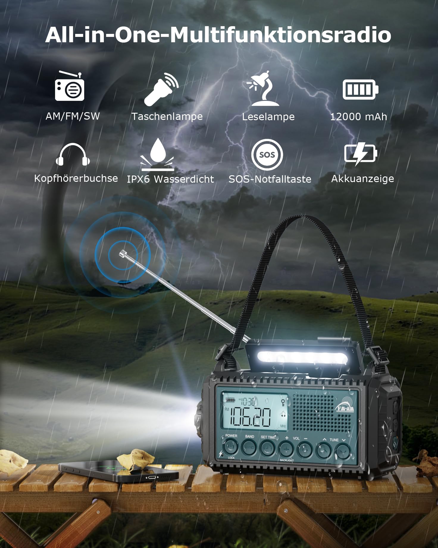 Roxicosly Radio d'urgence à manivelle avec Power Bank 12000 mAh, radio AM/FM/SW, manivelle et radio solaire 5 voies avec récepteur monde, lampe de poche et chargeur, pour extérieur, camping, chantier