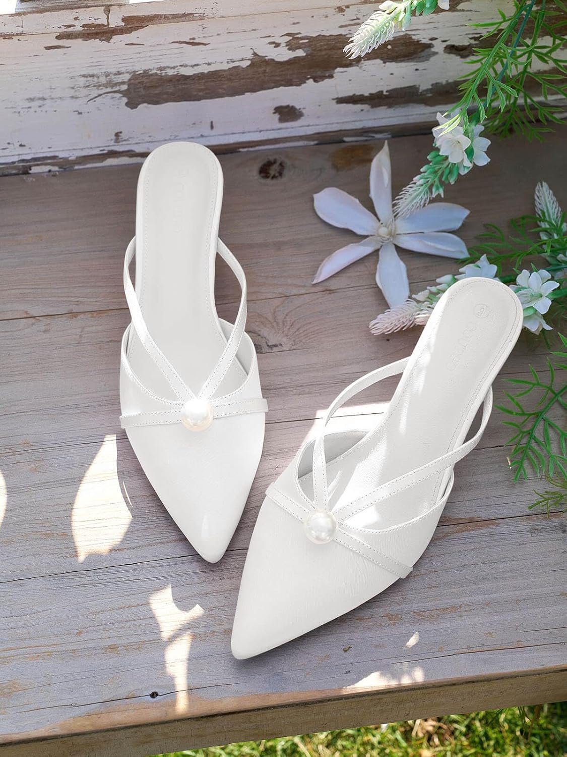 Coutgo Womens Pearl Kitten Heels Mules Closed Pointed Toe Sandals Satin Wedding Party Dress Shoes