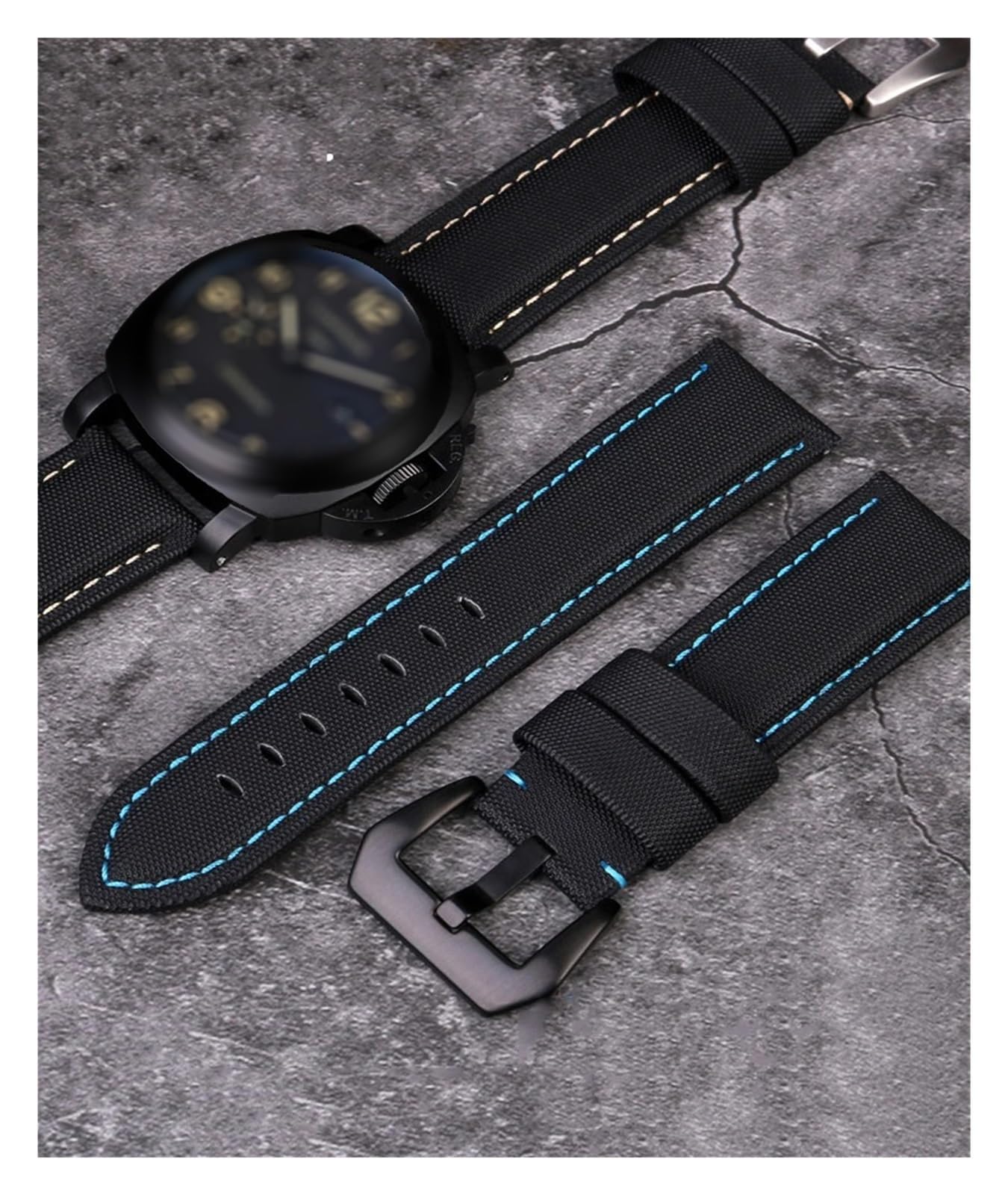 Generico Cinturino in pelle con trama in nylon da 22 mm 24 26 | Compatibile con gli accessori for orologi Panerai PAM01661 441 Marina Watch Strap Black Blue Line