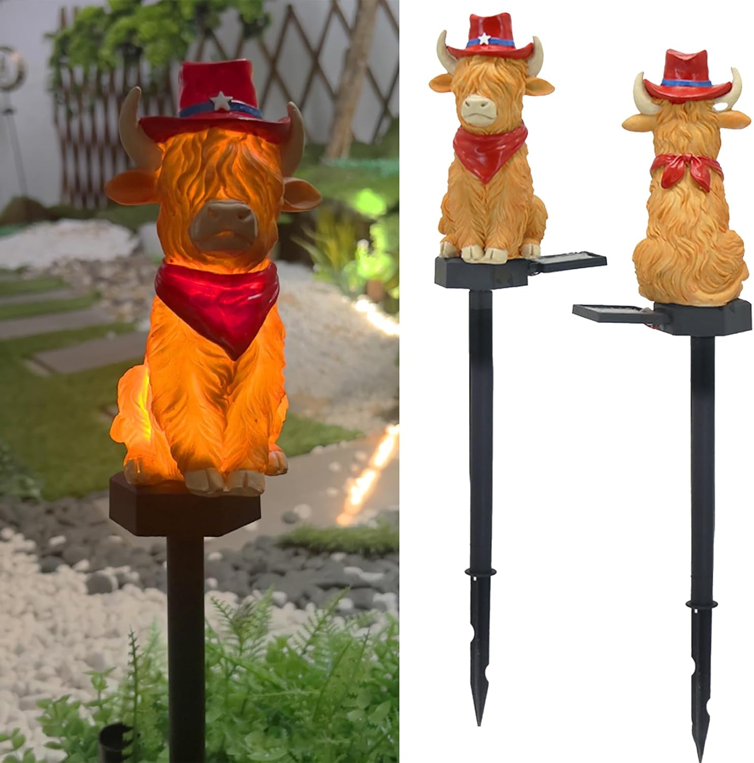 2pcs Highland Cow Solar Garden Lights, Outdoor, Small, Red, Rustic, Waterproof, LED, Path, Flush Mount, Touch Control, 2 Count