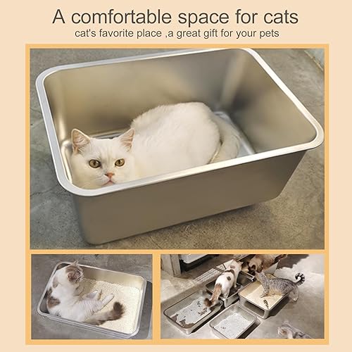 Miniatura 4 de LIHONG Caja de arena de acero inoxidable para gatos, caja de arena grande para gatos, caja de arena de metal para gatos, control de olores,