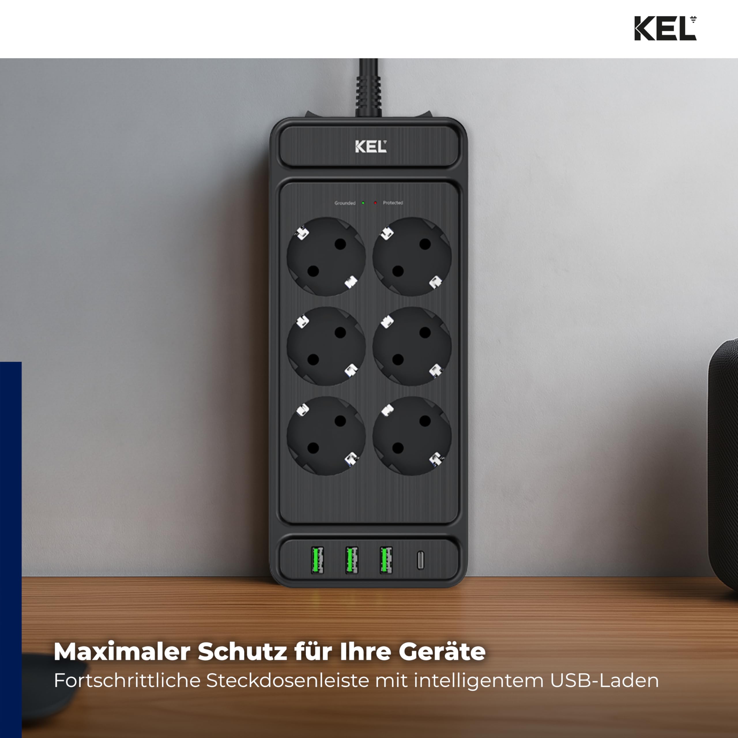 KEL Steckdosenleiste Mehrfachsteckdose Überspannungsschutz - 6 Steckdosen - 2p+Z USB A USB C 2 m Schwarz