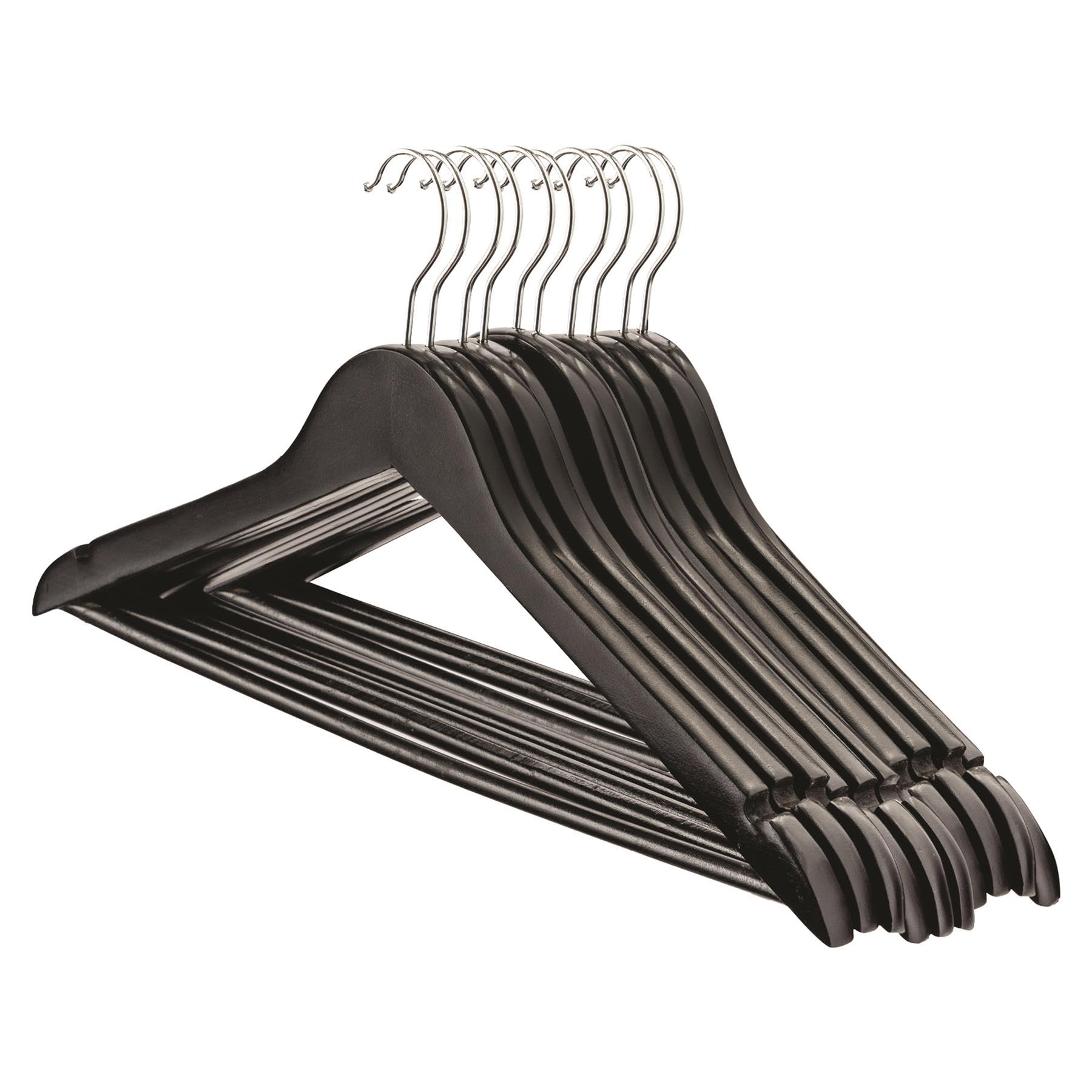 Harbour Housewares Strong Black Wooden Coat Hangers with 360 Degree Rotatory Hook | Pack of 10 | Wood Clothes Hangers with Round Trouser Bar and Non Slip Shoulder Notches Wardrobe Storage