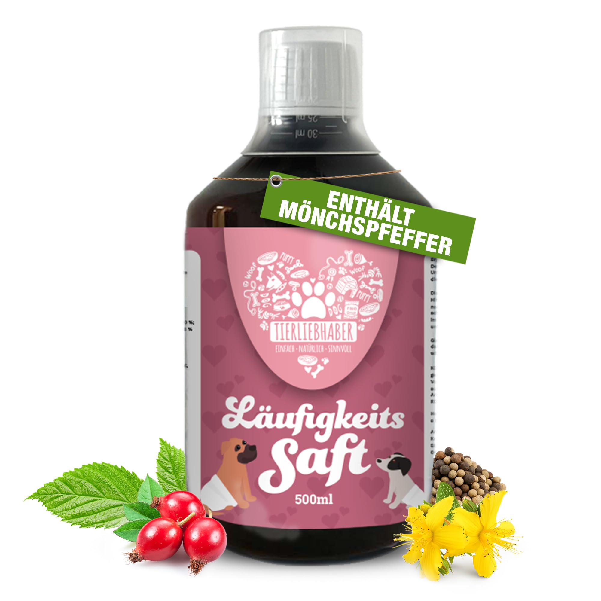 Tierliebhaber – Läufigkeitssaft für Hündinnen 500ml mit Mönchspfeffer – Kräuter-Saft zur Unterstützung bei Scheinschwangerschaft & hormonellen Unstimmigkeiten – Mittel gegen Scheinträchtigkeit Hund