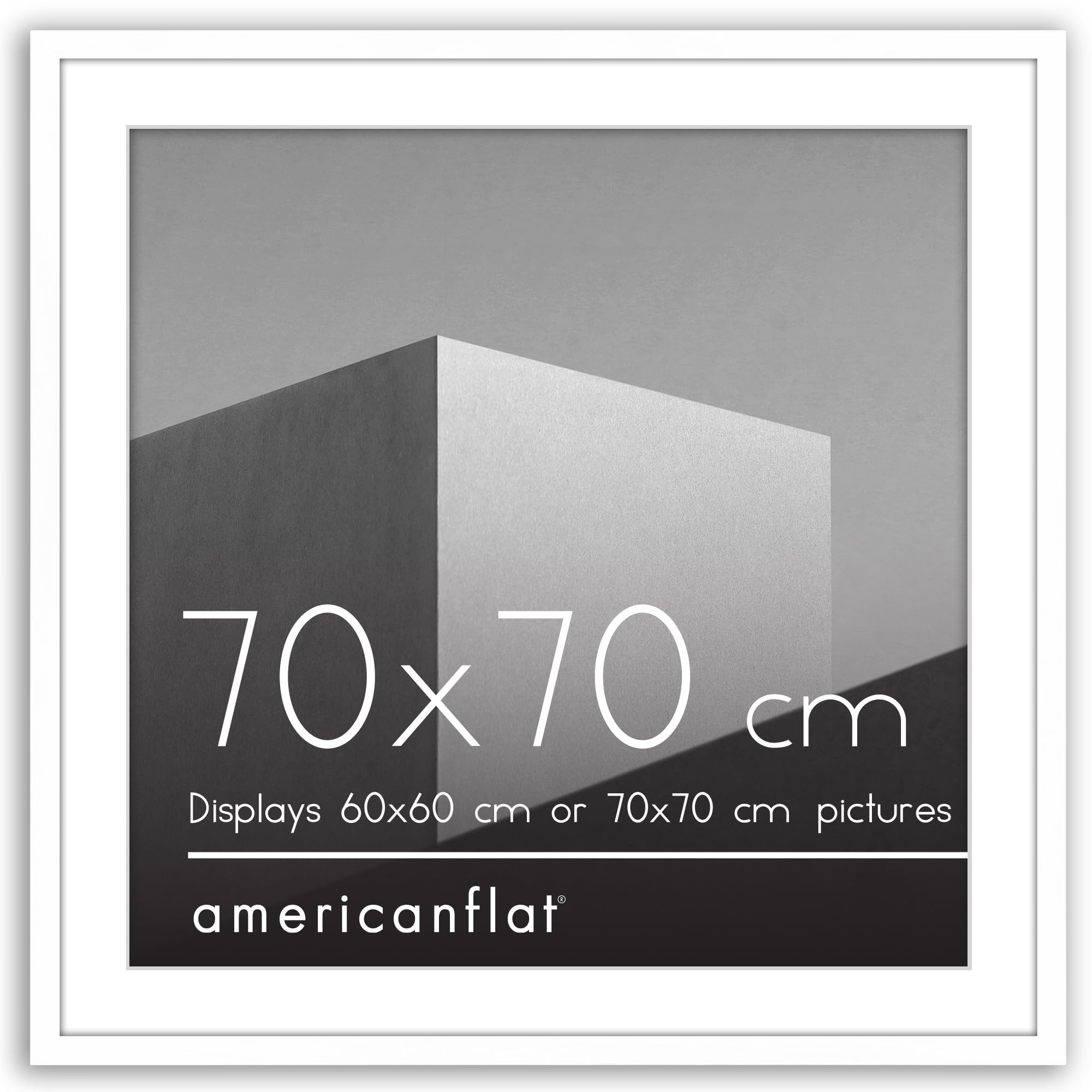 Americanflat 70x70 cm Picture Frame with Polished Plexi Cover - Use as 60x60 cm Wall Photo Frame with Mount or Display 70x70 cm Photo without Mount - Streamline Collection - White