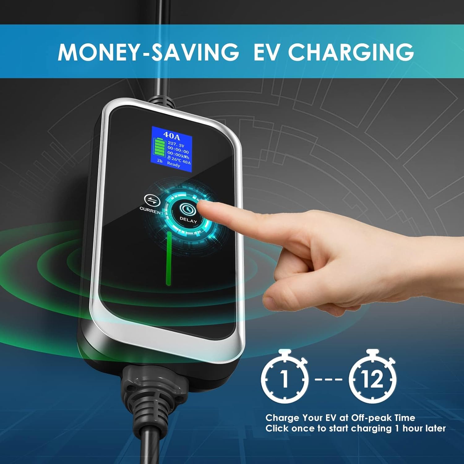 A hand pressing the 'DELAY' button on the EV charger's control box, with a graphic showing a 1-12 hour delay timer for off-peak charging.