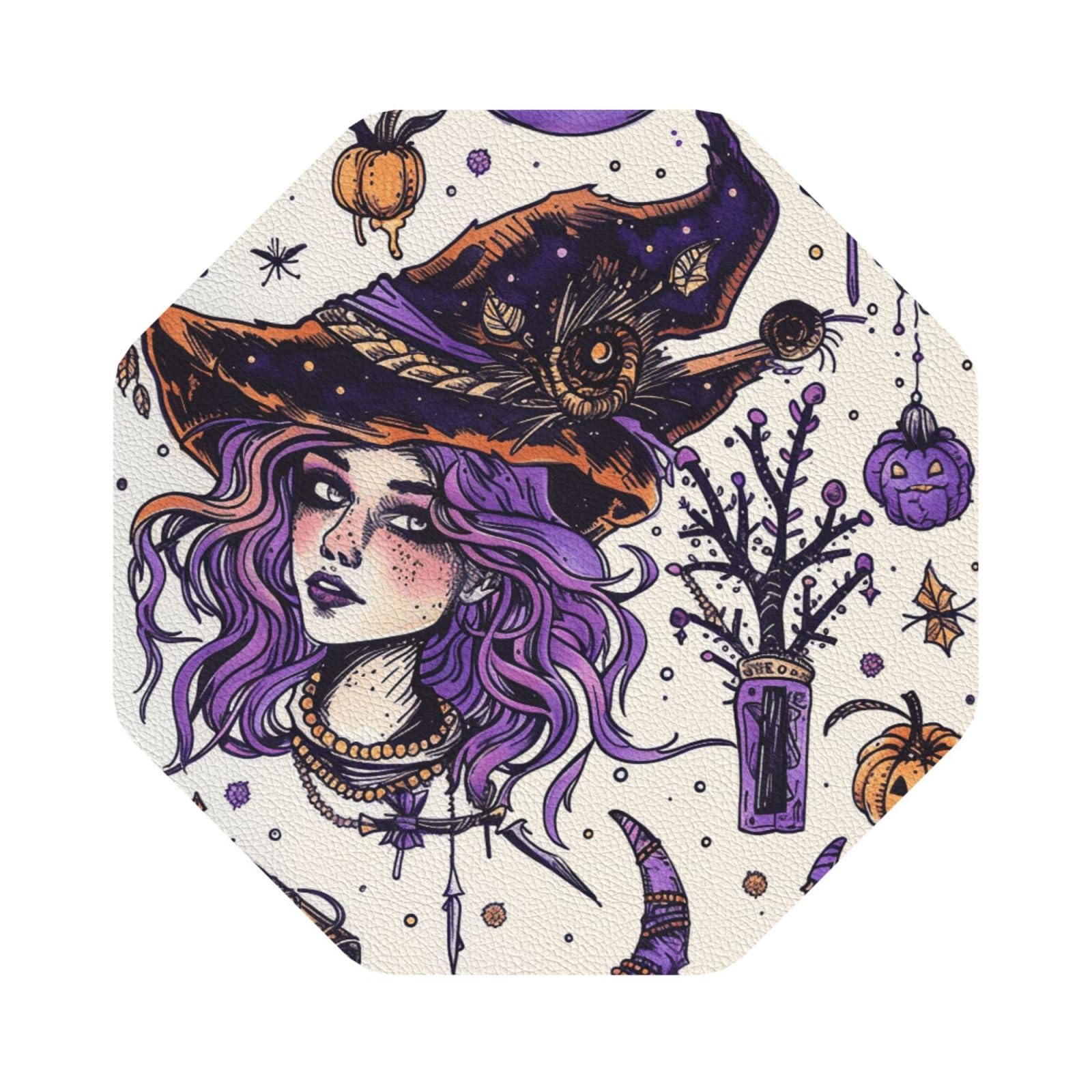 Magic Witch Witchcraft Bohemian Drawing Print Leather Coaster Set of 6, Octagon Coasters Table Decorative Coffee Cup Beverage Coasters Wine Beer Bar Coasters for Hot Drinks Table Protection