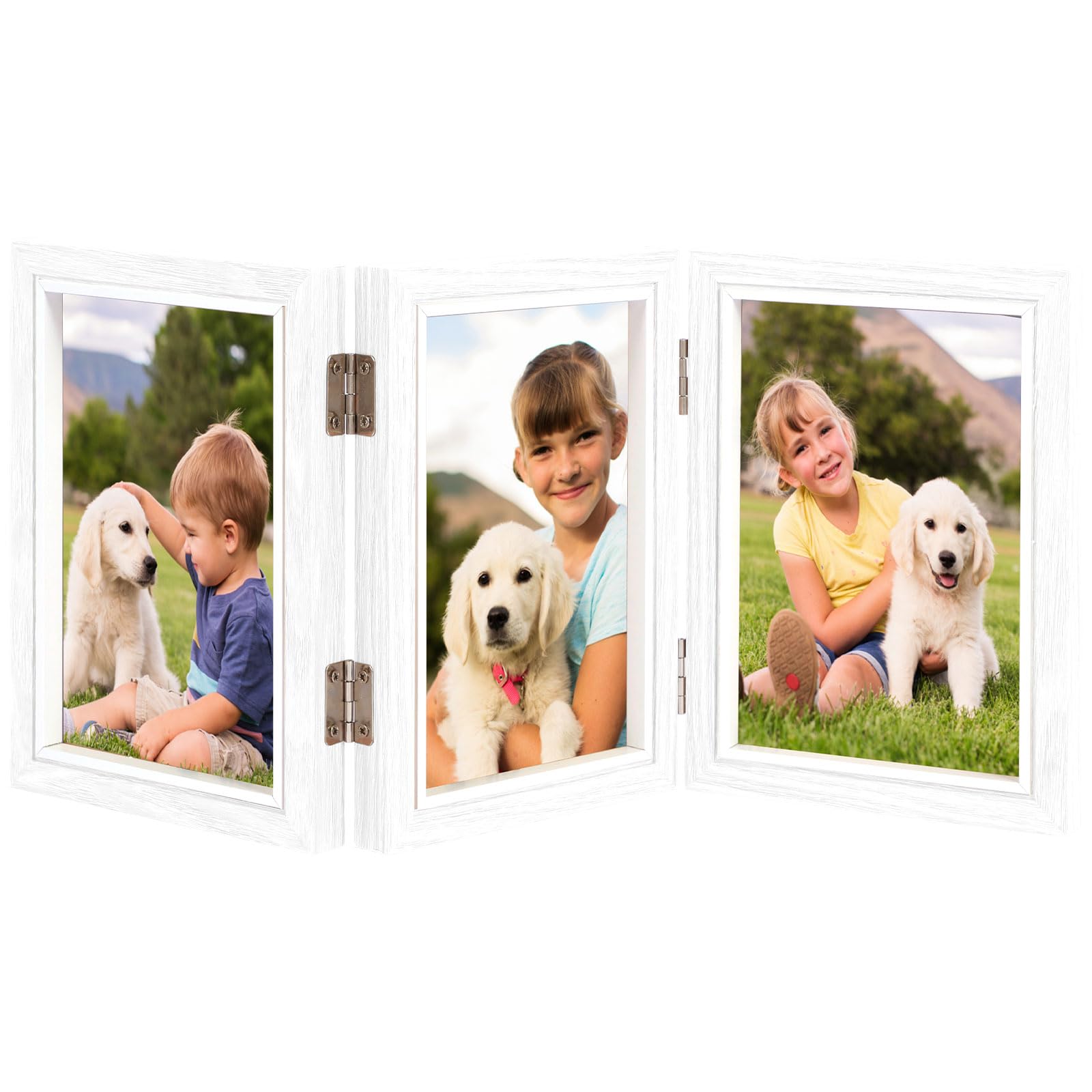 Triple Photo Frame 4x6 Hinged Folding Wood Picture Frame with High Definition Glass Front Stand Vertical on Desktop for Display (Triple (white))