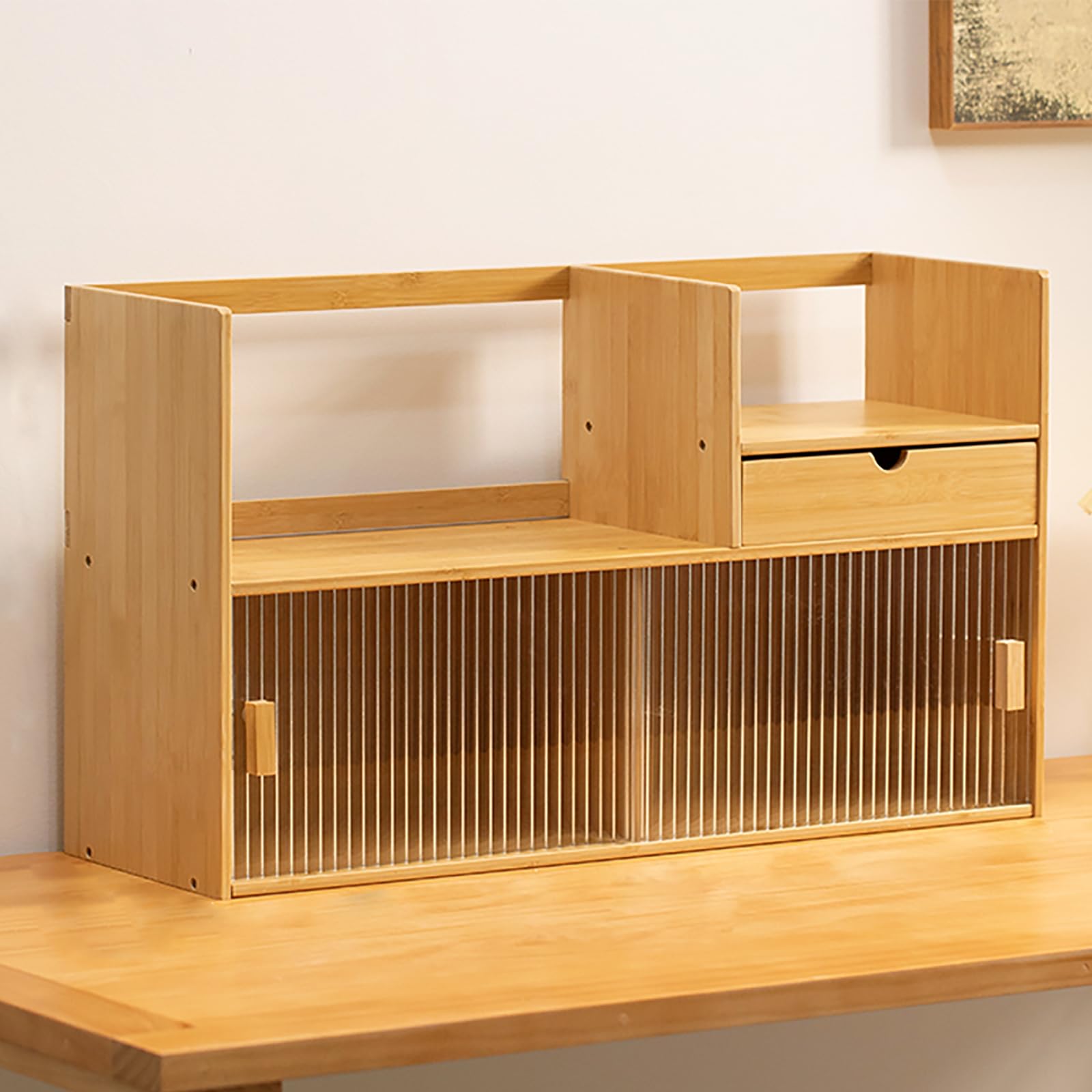 Étagère de bureau en bois à 2 niveaux avec portes en verre pour petit espace