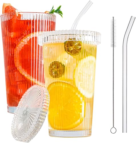 Vasos de vidrio acanalados con tapas y pajitas, tazas de café helado vintage, vasos de jugo, juego de 2 vasos de 13 onzas, vasos para bebidas con