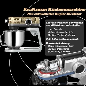 Food Processor Kneading Machine for Bread Dough All-Metal Housing 8 Levels with Timer 5 L Bowl 4 Stainless Steel Attachments (Black)